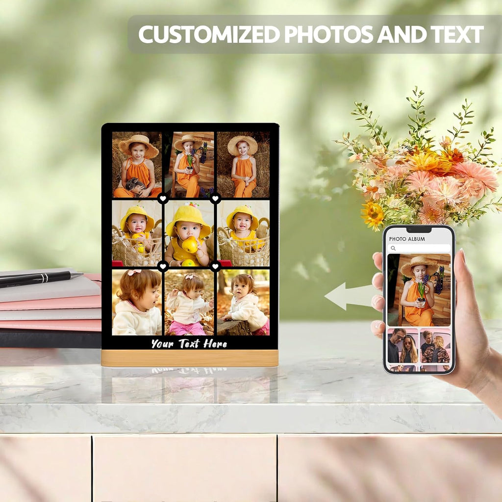 Custom Photo Prints - Metal Desktop Picture Frame with Photos Collage & Wooden Base Personalized Gifts for Family Friends Lovers and Pets, Optional Multiple Sizes
