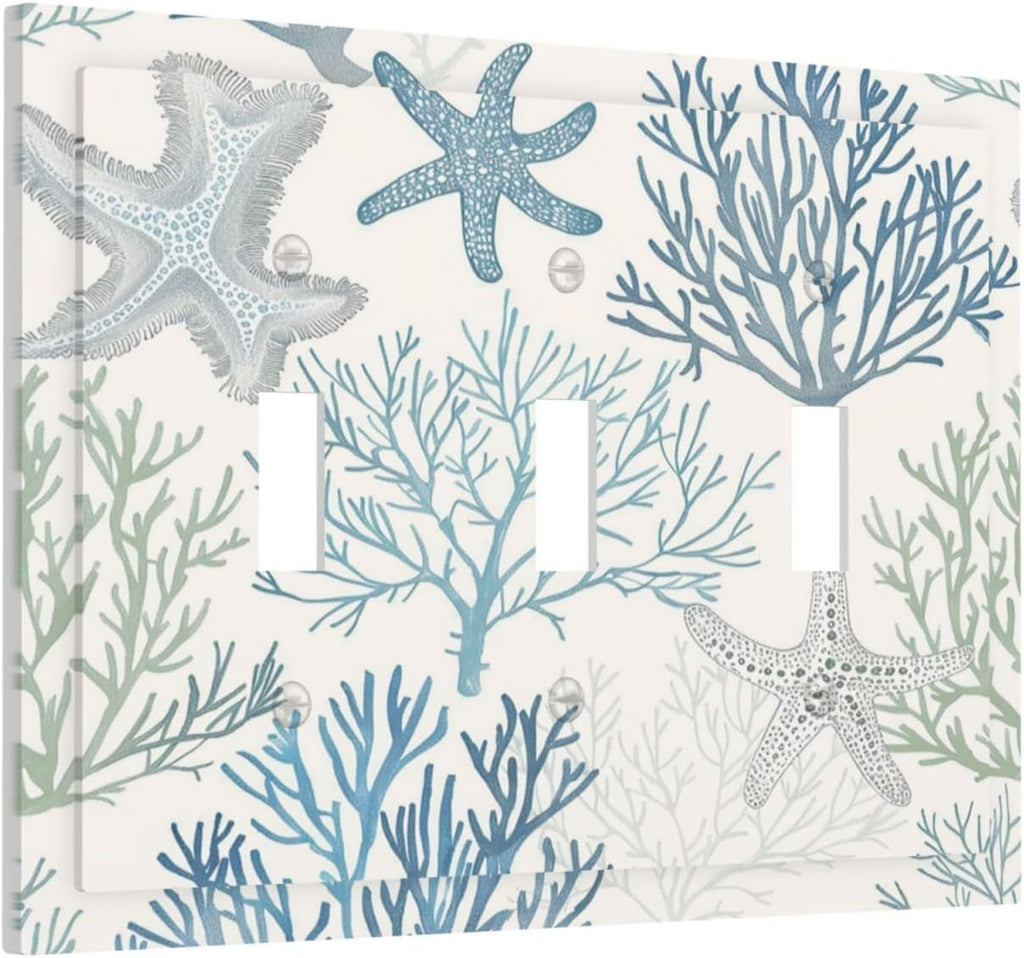 Decorative Switch Plates Ocean Beach Theme Starfish Seashell Coral 3 Gang Wall Plate Triple Toggle Light Switch Cover Faceplate Electrical Wall Panels For Bathroom Kids Room Decor