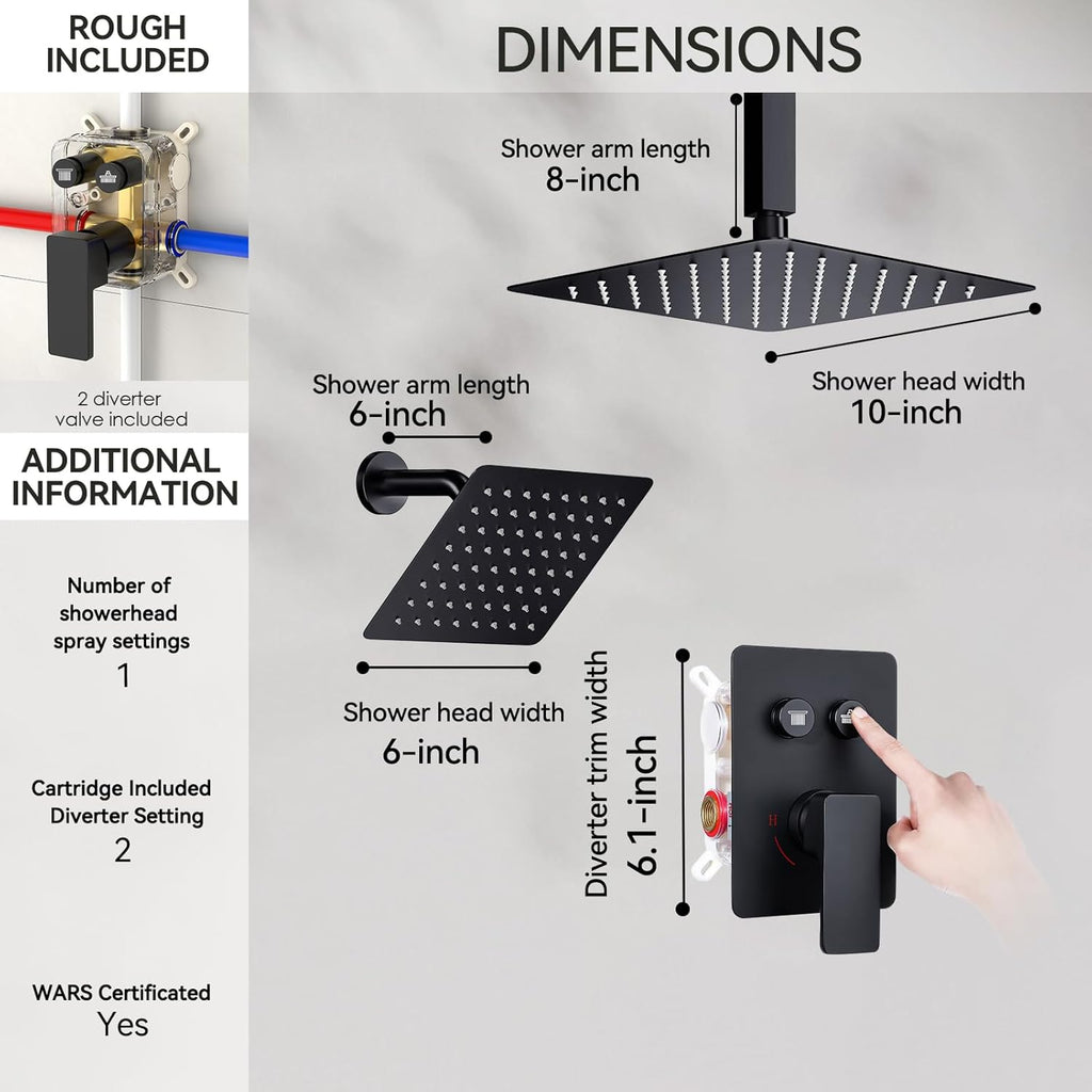 Shower Faucet Set Matte Black Shower System, STARBATH 10" Ceiling Mount Rain Showerhead and 6" Wall Mounted Rainfall Shower for Couples, On Off Button Valve Dual Head Shower Systems Complete