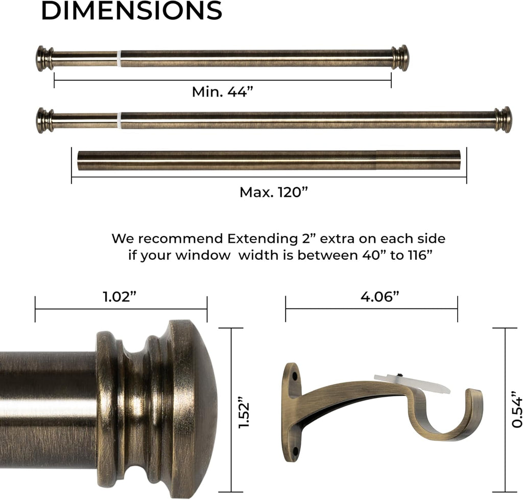 Deco Window Adjustable Curtain Rod for Windows 44 to 120 Inch Extendable Heavy Duty 1 Inch Iron Drapery Pole with End Cap Finials Wall Mounted French Door Curtain Rods (Pack of 1, Antique Brass)