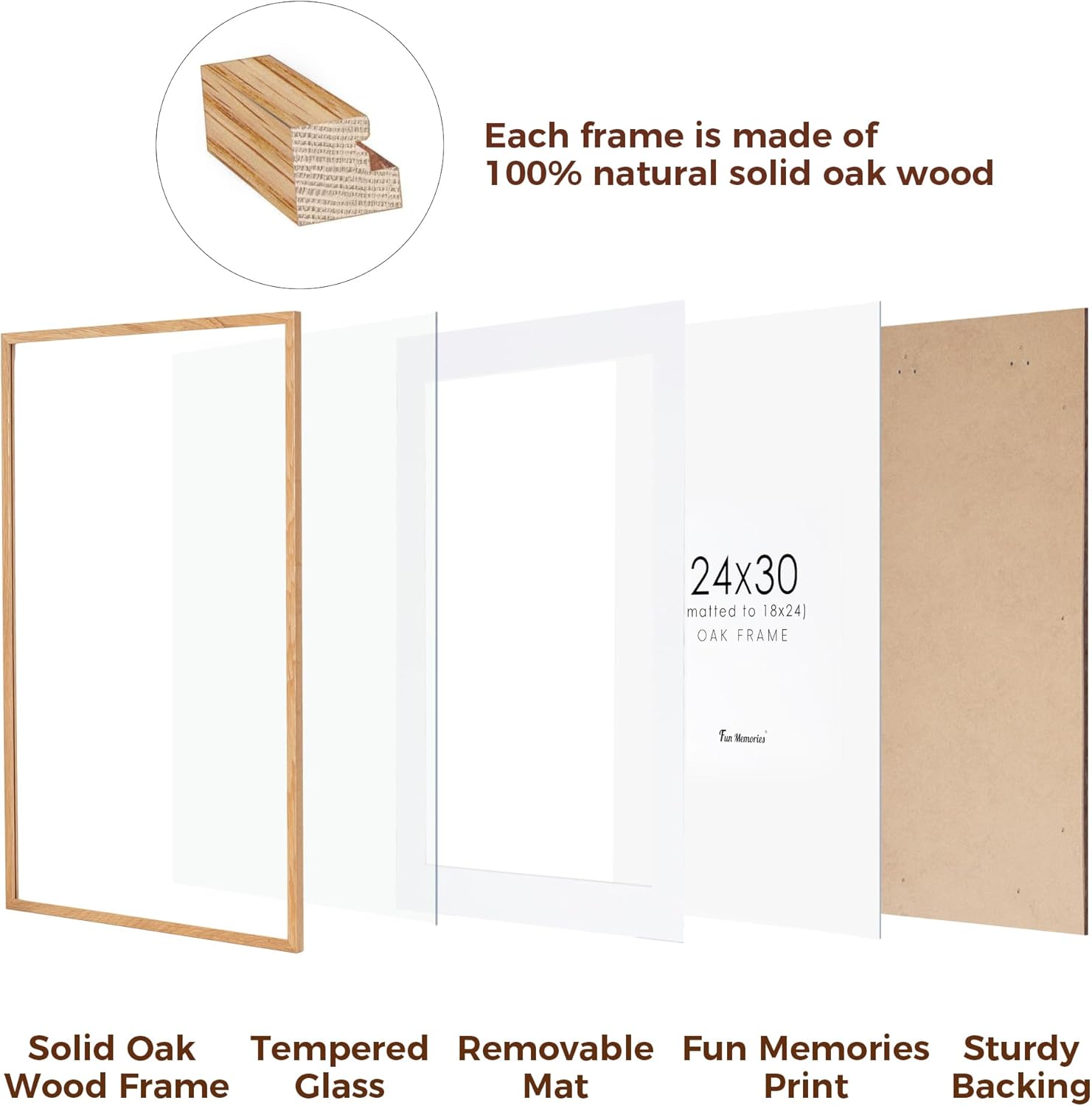 Fun Memories 24x30 Oak Wood Picture Frame, 24"x30" Poster Frame for Wall, Rustic Wood Frame 24x30 with Real Glass, 24 x 30 Frame with Mat for 18 x 24, Large Art Frames (Beige Oak Color, 1 Pack)