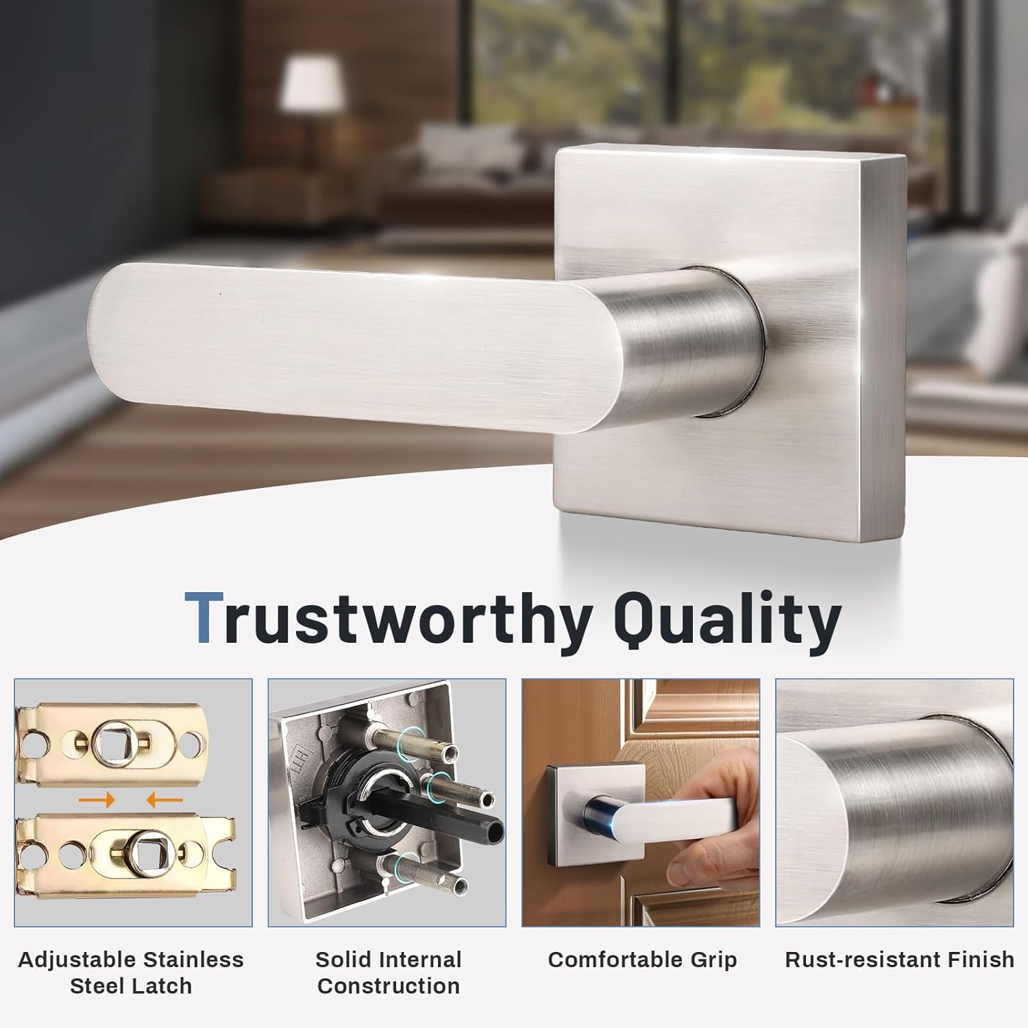 KNOBWELL 4 Pack Interior Door Handle,Satin Nickel Finish Door Levers, Passage Knob for Closet Hallway, Zinc Alloy Construction, 250,000-Cycle Durability