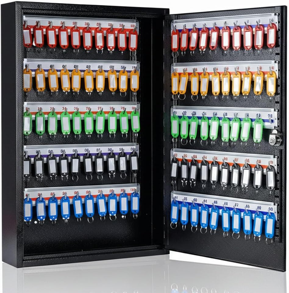 UMEKEN Metal Valet Key Cabinet - 100 Position Car Key Lock Box with Key Tags, Vehicle Organizer Safe Storage Locker, Black, 14.96" x 3.15" x 21.65"