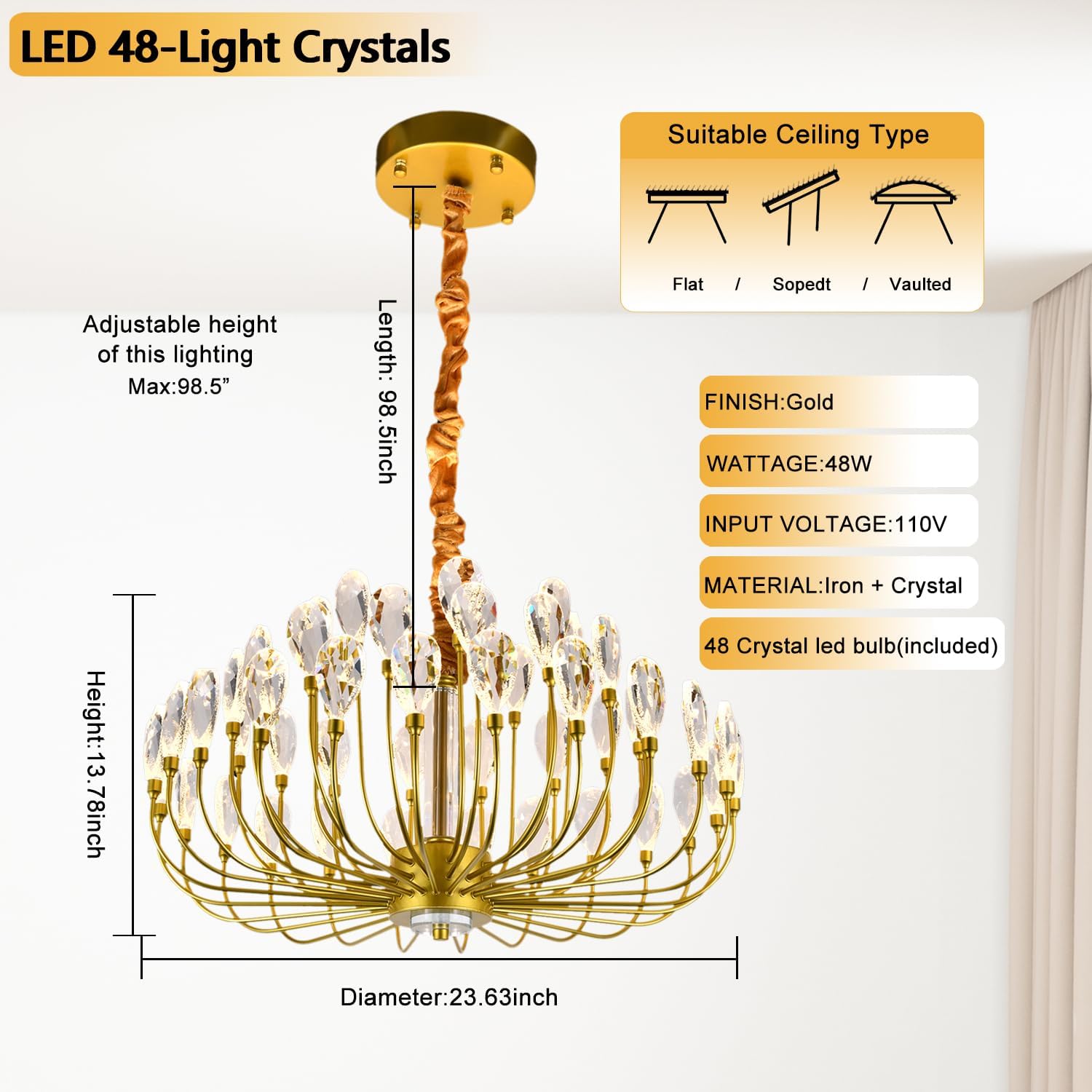Crystal Gold Chandelier Modern Round Ceiling Pendant Light Fixture Led Tree Branch Chandeliers for Living Room Dining Room Kitchen Bedroom Hotel