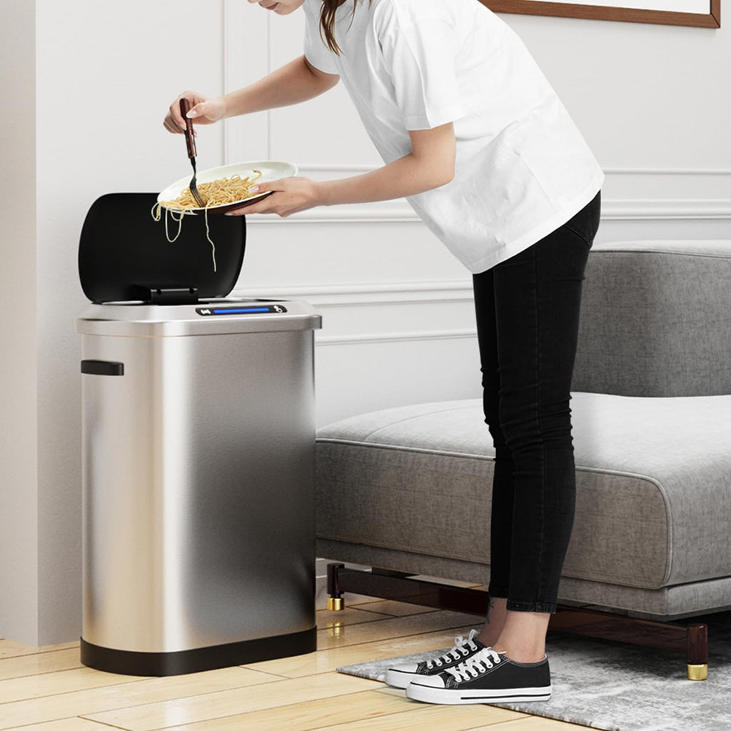 Touchless Automatic Motion Sensor Trash Can, 50L/13 Gallon Stainless Steel Smart Bin for Kitchen, Office, Bedroom, Living Room with Built-in Bag Holder - Black