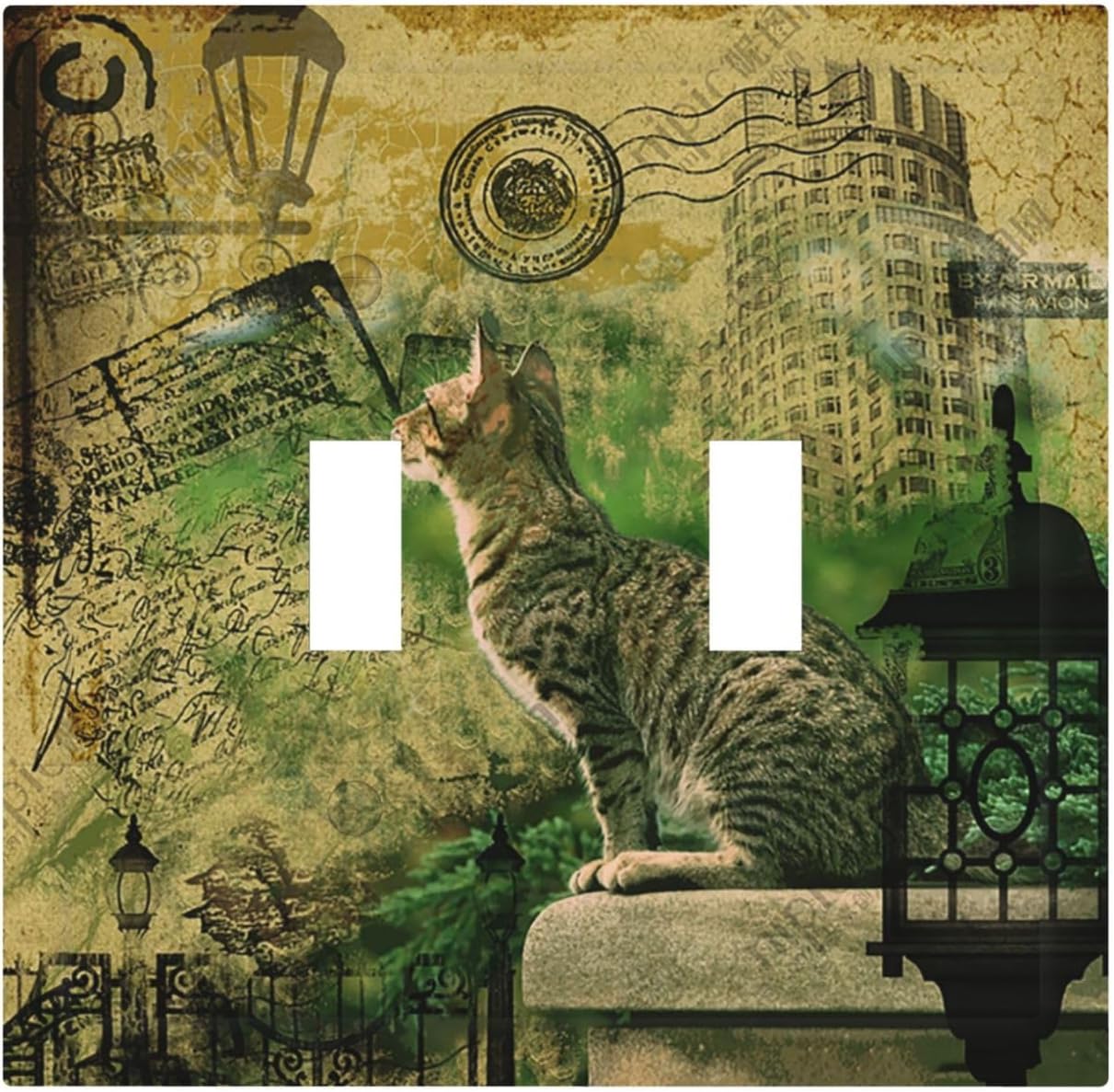 Decorative Switch Plate Covers Vintage Style Cat City Stamp 2 Gang Double Toggle Light Switch Cover Plate Electrical Wall Plate Outlet Cover for Bedroom Home Decor