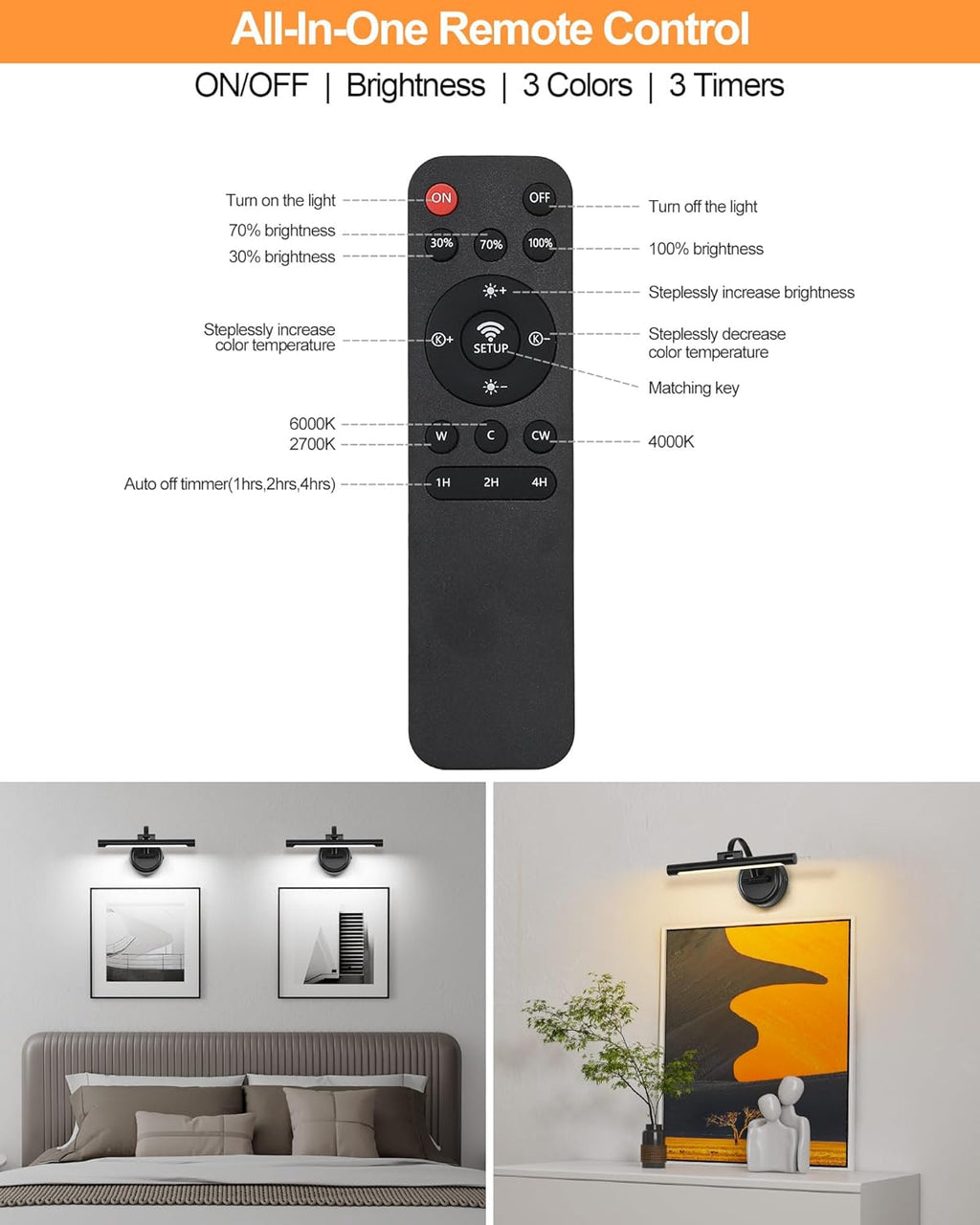 Rechargeable Picture Light for Wall, Cordless Art Lights Battery Operated, Dimmable Wall Light with Remote & Timer, 3 Color Modes for Paintings, Gallery, Artwork(Black, 12inch)