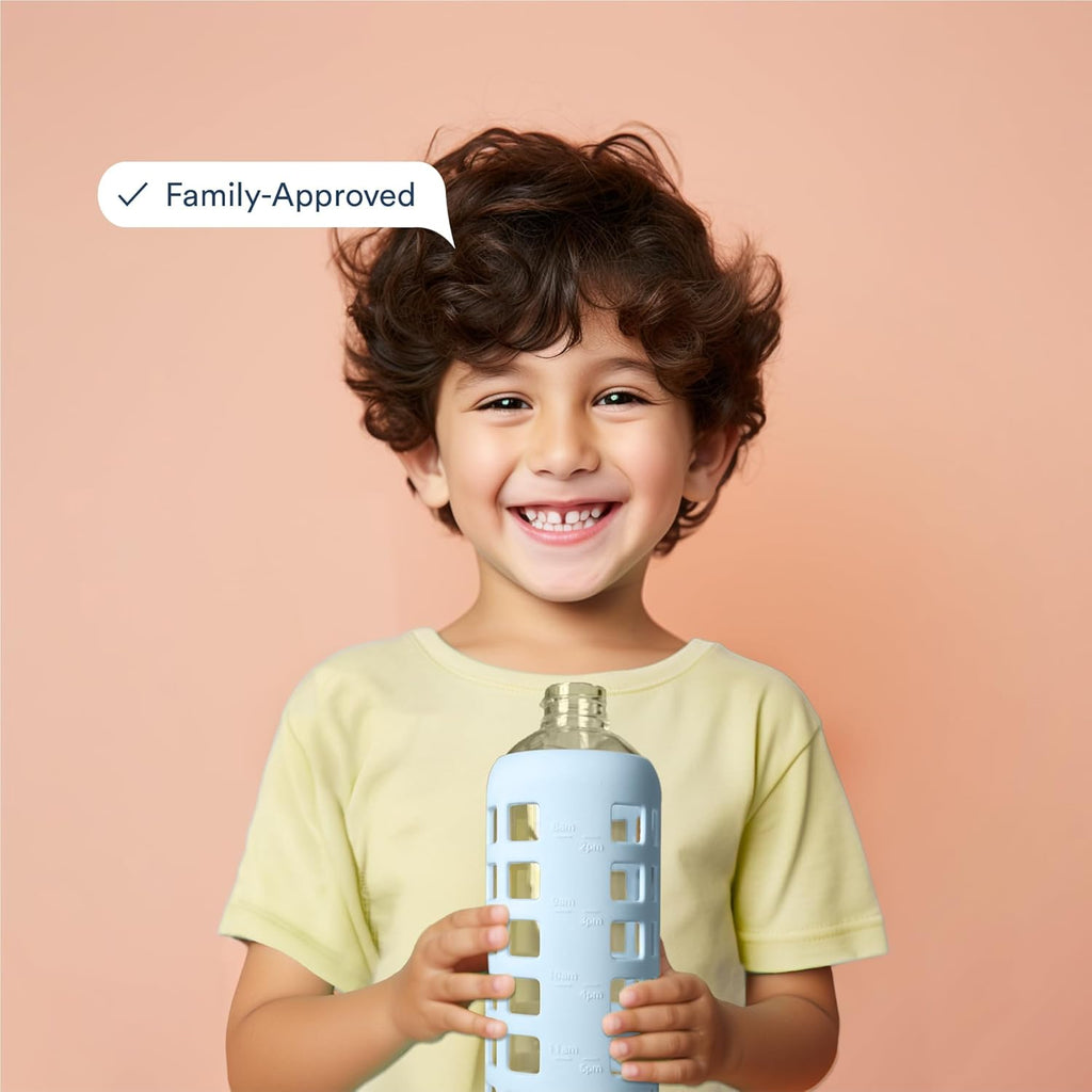 purifyou 40oz / 32oz / 22oz / 12oz Borosilicate Glass Water Bottle with Time & Volume Markers, Silicone Sleeve, Stainless Steel Lid | Reusable Glass Bottle for Water & Juice (32oz Ice Blue)