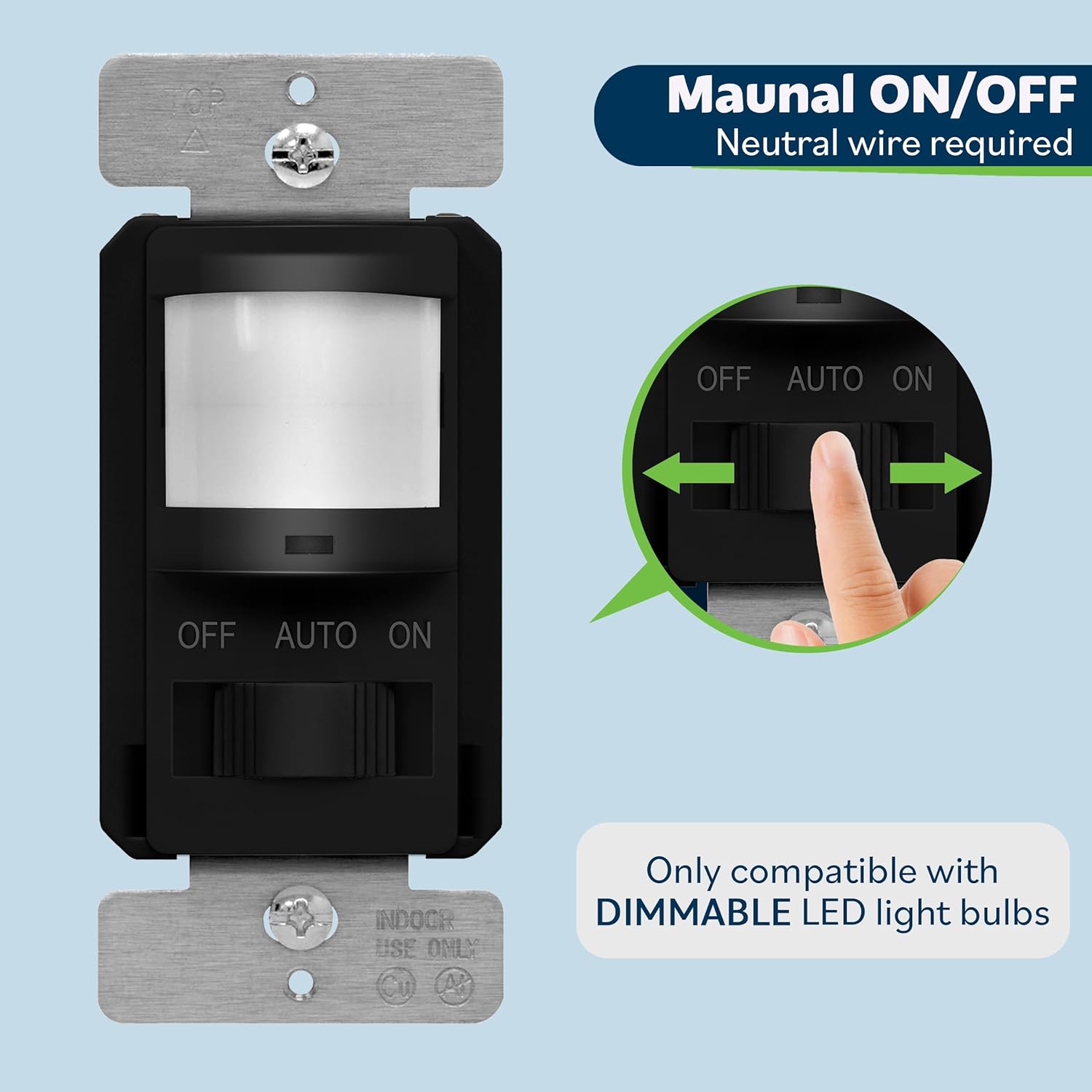 TOPGREENER in Wall PIR Motion Sensor Light Switch, Occupancy Sensor Switch, 𝐍𝐞𝐮𝐭𝐫𝐚𝐥 𝐖𝐢𝐫𝐞 𝐑𝐞𝐪𝐮𝐢𝐫𝐞𝐝, On/Off Override, 𝐒𝐢𝐧𝐠𝐥𝐞 𝐏𝐨𝐥𝐞, 4A, 500W, TSOS5-BKWP,Black,4 Pack