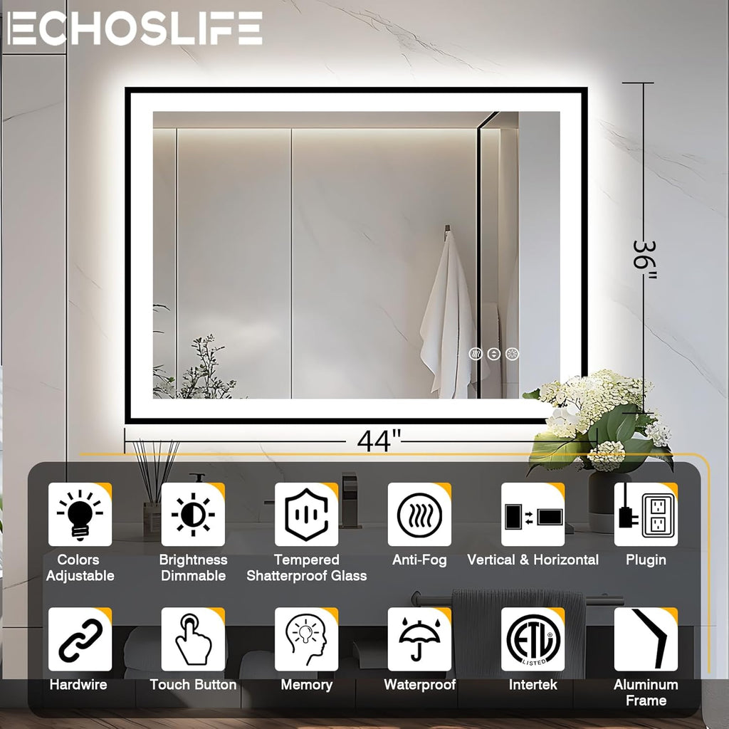 44x36 LED Light Mirror for Bathroom - Black Framed Mirror (Front and Backlit), Anti-Fog Bathroom Vanity Mirror, Stepless Dimmable Lighted Mirror, Tempered Glass, Memory (Horizontal/Vertical)