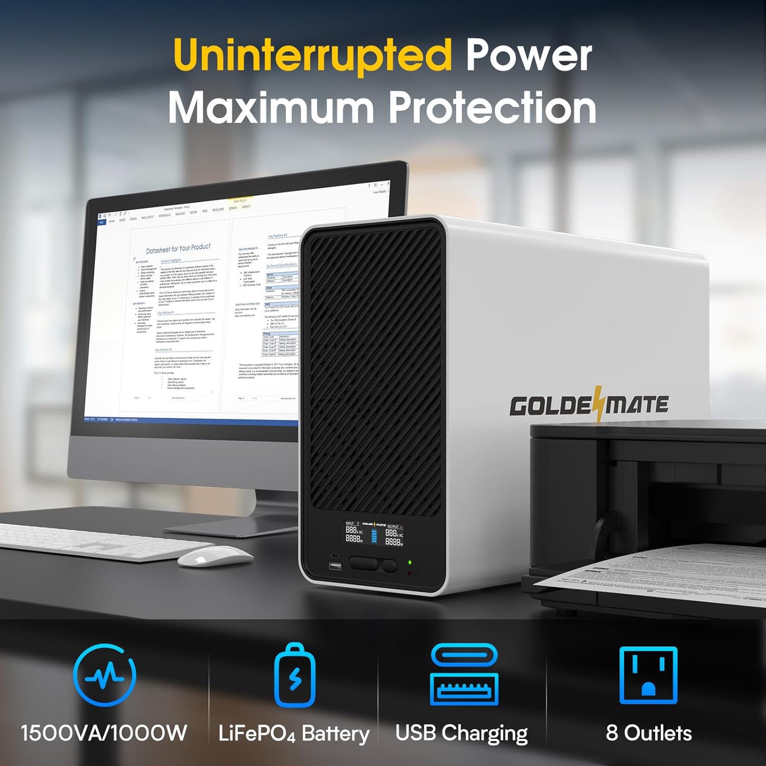 GOLDENMATE 1500VA/1000W Lithium UPS Battery Backup and Surge Protector, Backup Battery Power Supply with LiFePO4 Batteries(296Wh), AVR, Line Interactive Sinewave UPS System, 8 Outlets, LCD Display