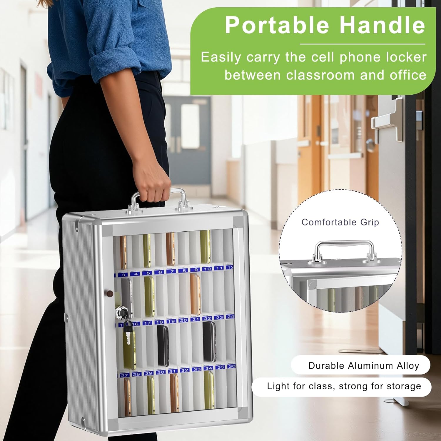 Loghot Aluminum Alloy Pocket Chart Cell Phones Storage Cabinet for Cell Phones, Wall-Mounted Cell Phone Locker Phone Holder with Lock for Classroom, Office, Can be Carried by Hand (48 Slots)