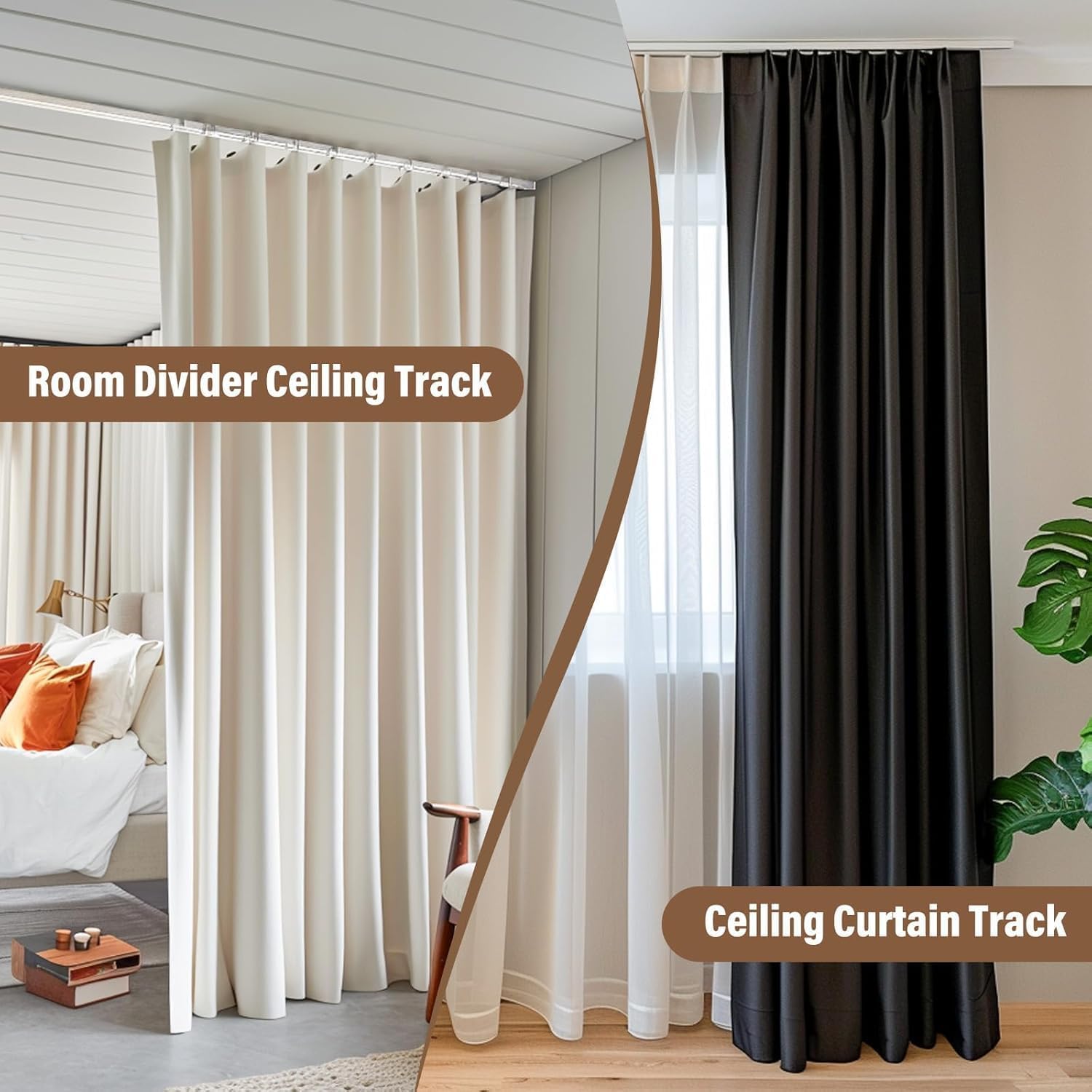 Ceiling Mount Curtains Track Room Divider Privacy Partition Separator Curtain Tracks Rods Heavy Duty RV Shower Outdoor Rail Clip Hook Set, Black 3-21ft