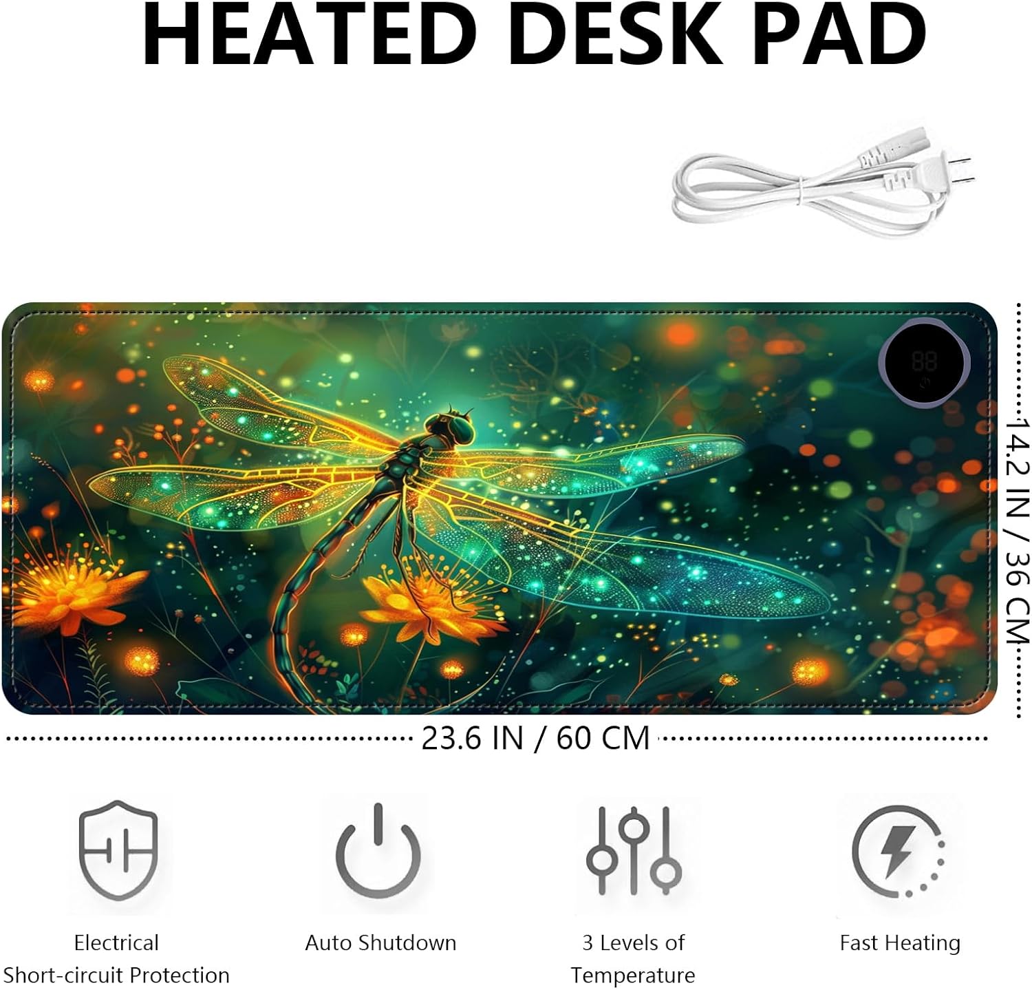 Heated Mouse Pad with 3 Levels Heated & 3 Hours Auto Shut-Off Mouse Pad for Warming Hands in Office Home, 23.6" x 14.2"Large Safe Desk Mat Hand Warmer，Glowing Dragonfly