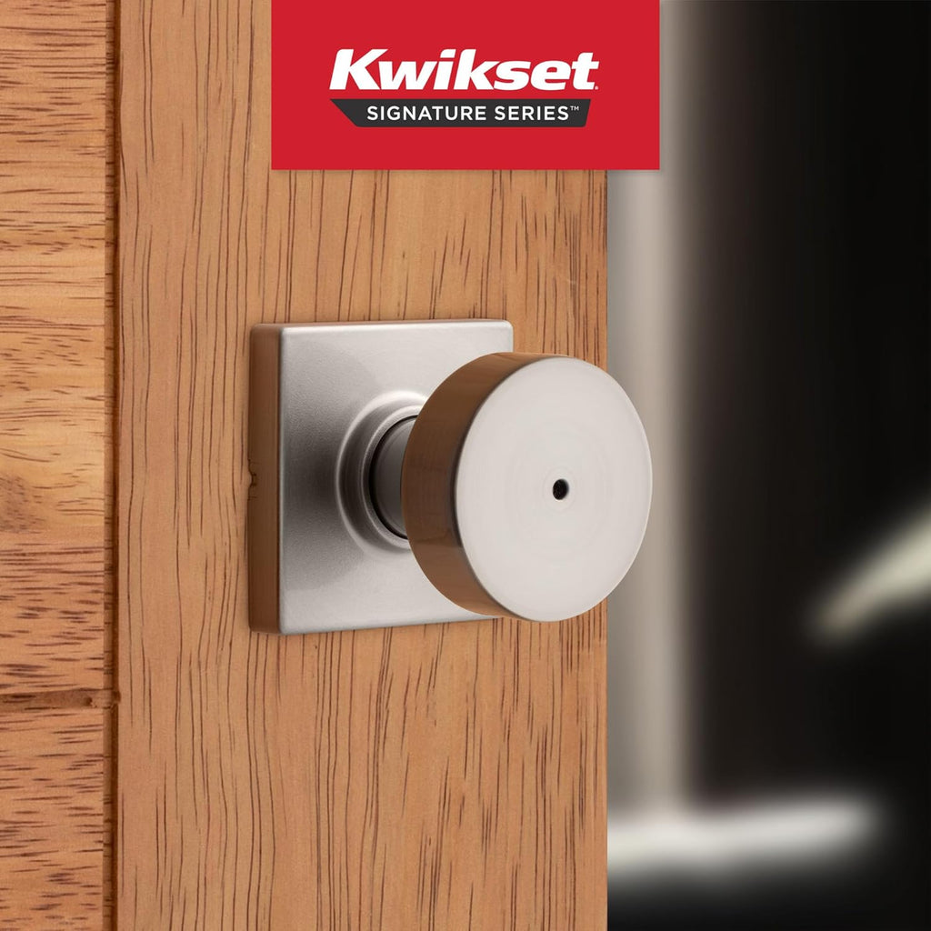 Kwikset Pismo Interior Privacy Door Knob with Lock, Door Handle For Bathroom and Bedroom, Satin Nickel Keyless Turn Lock Doorknob, with Microban Protection