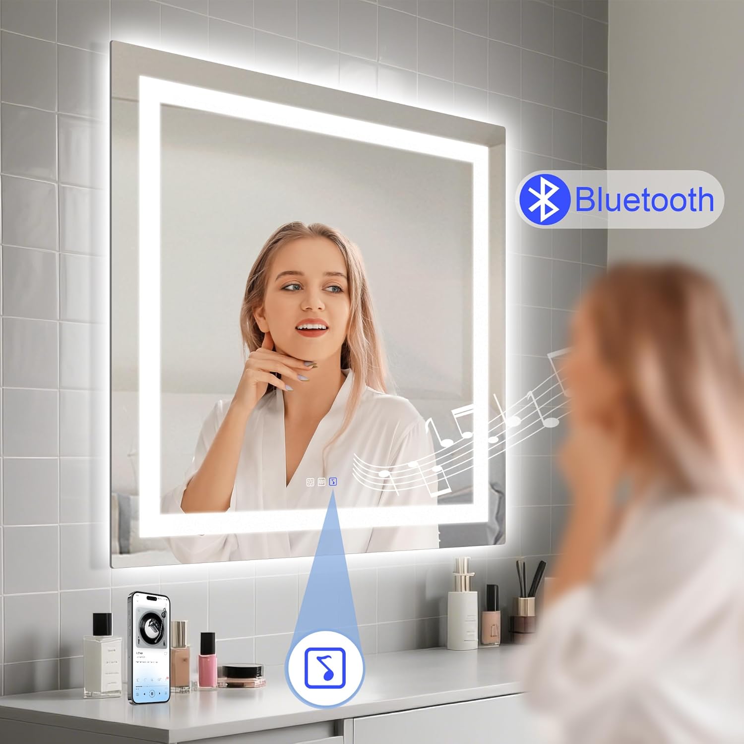 STARLEAD Led-Bathroom-Mirror-with-Lights, 36"x36" Wall-Mounted with 3 Colors Dimmable Light, Bluetooth Speaker, Anti-Fog, Memory, Tempered Glass, Front & Backlit (Horizontal/Vertical)