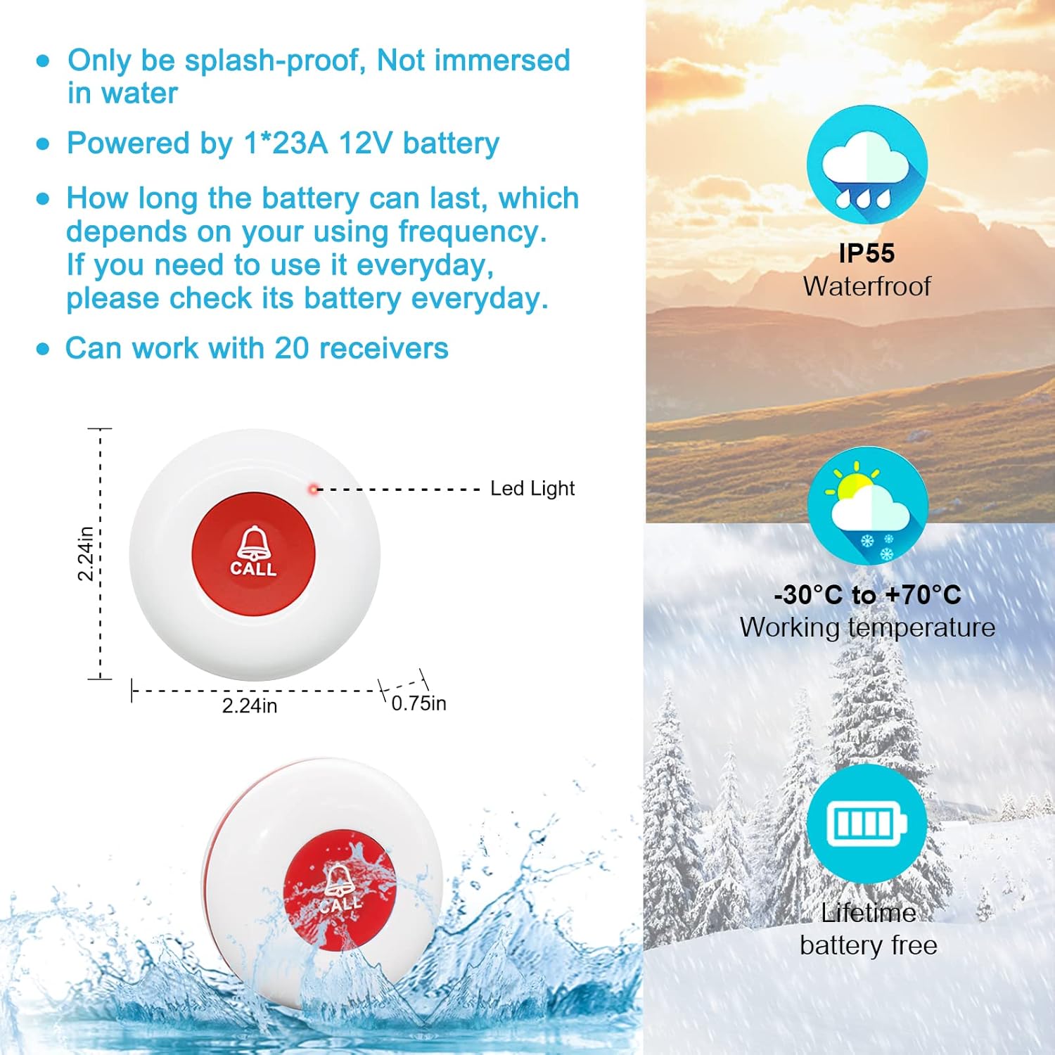 CallToU Wireless Caregiver Pager Call Button for Hard of Hearing Waterproof 500+ FT Nurse Alert System Elderly Monitoring Patient/Seniors 3 Panic Button 1 Plug-in 1 Vibration Receiver