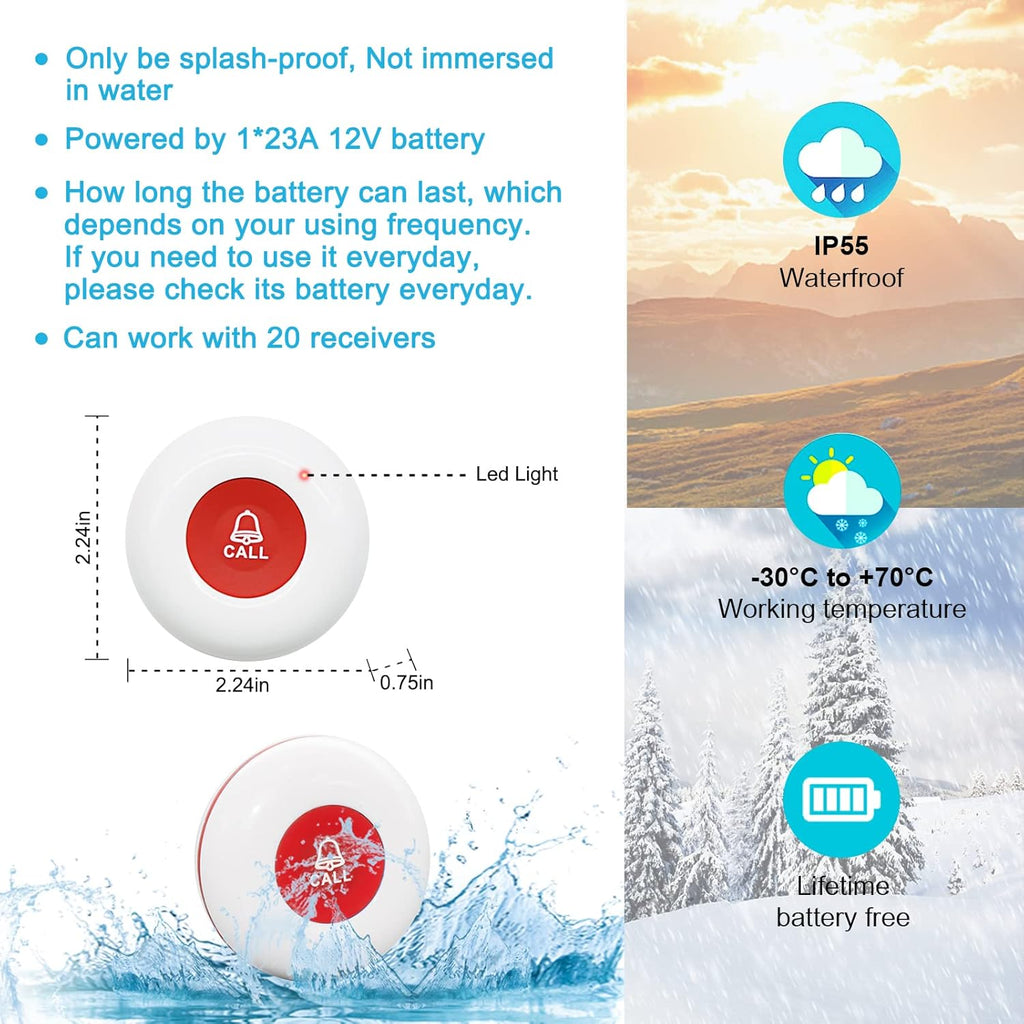 CallToU Wireless Caregiver Pager Waterproof Call Button Vibration Call Button for Elderly at Home Disabled Patient Elderly Monitoring Nurse Calling 2 SOS Call Buttons/Transmitters 500FT 2 Receivers