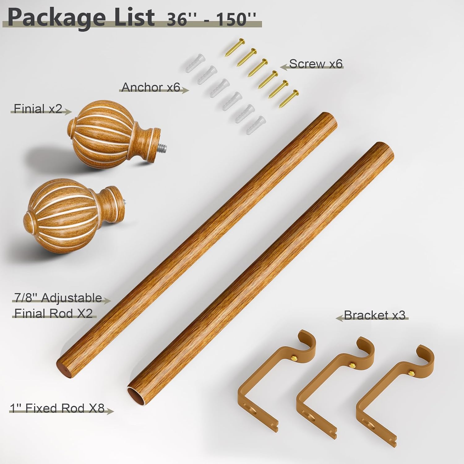 Wood Curtain Rods for Windows 72 to 144 Inch, 1'' Adjustable Heavy Duty Curtain Rod，Vintage Imitation Wood Grain Decorative Drapery Rods with Pumpkin Finials for Bedroom Living Room