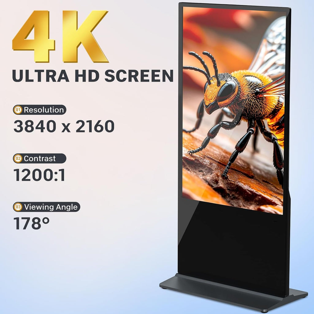 HLEC 43'' Indoor Floor-Standing Digital Signage Interactive Display, 4K NonTouch-Screen Advertising Display LCD Kiosk, Commercial Android Smart System, CMS Software, HDMI/USB Input＆Out/WiFi(4+64G)
