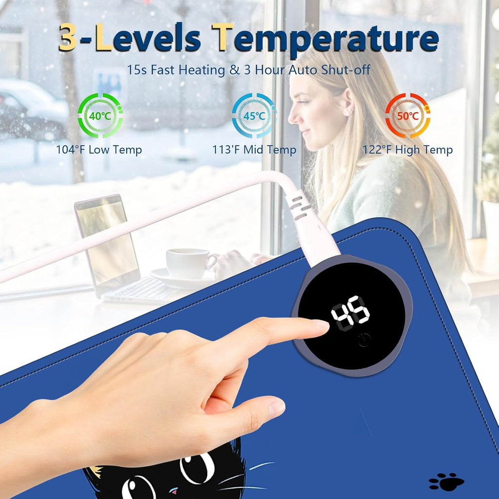 Heated Mouse Pad with 3 Temperature Settings(104°F–122°F),Large 24x14.2 Inch PU Leather Heated Desk Mat,Waterproof Warming Pad for Office,Gaming & Cold Hands Relief,Cute Black Cat