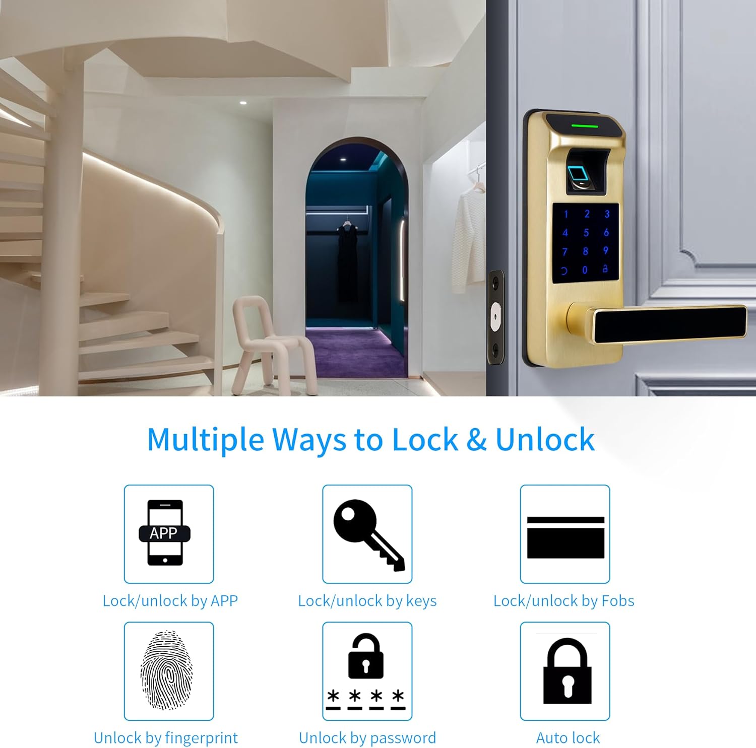 Harfo Fingerprint Door Lock, Heavy Duty Full APP Control Touchscreen Keypad Keyless Lock with Reversible Handle, Perfect for Home/Office/Bedroom Doors (Gold)