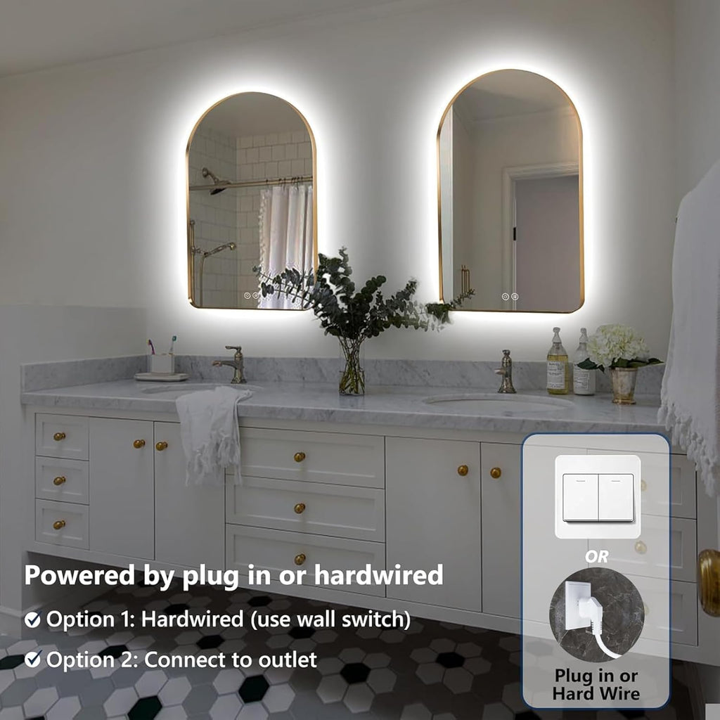 Niccy Arched LED Lighted Bathroom Mirror, 48x30 Inch Backlit Vanity Bathroom Mirror with Lights Brushed Gold Framed Wall Mounted Mirrors with 3 Color Shatterproof Arch Smart Fog Free Mirror