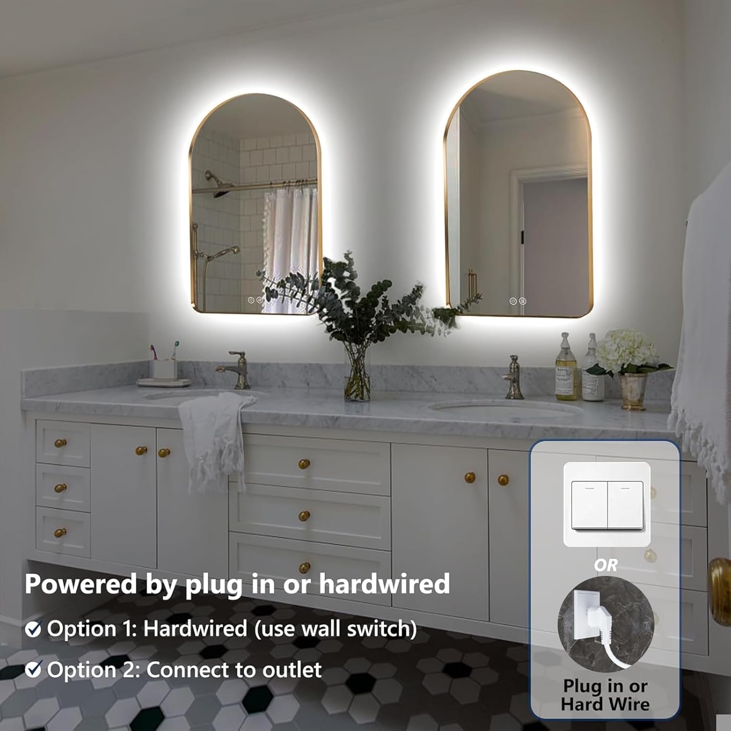 Niccy Arched LED Lighted Bathroom Mirror, 48x30 Inch Backlit Vanity Bathroom Mirror with Lights Brushed Gold Framed Wall Mounted Mirrors with 3 Color Shatterproof Arch Smart Fog Free Mirror
