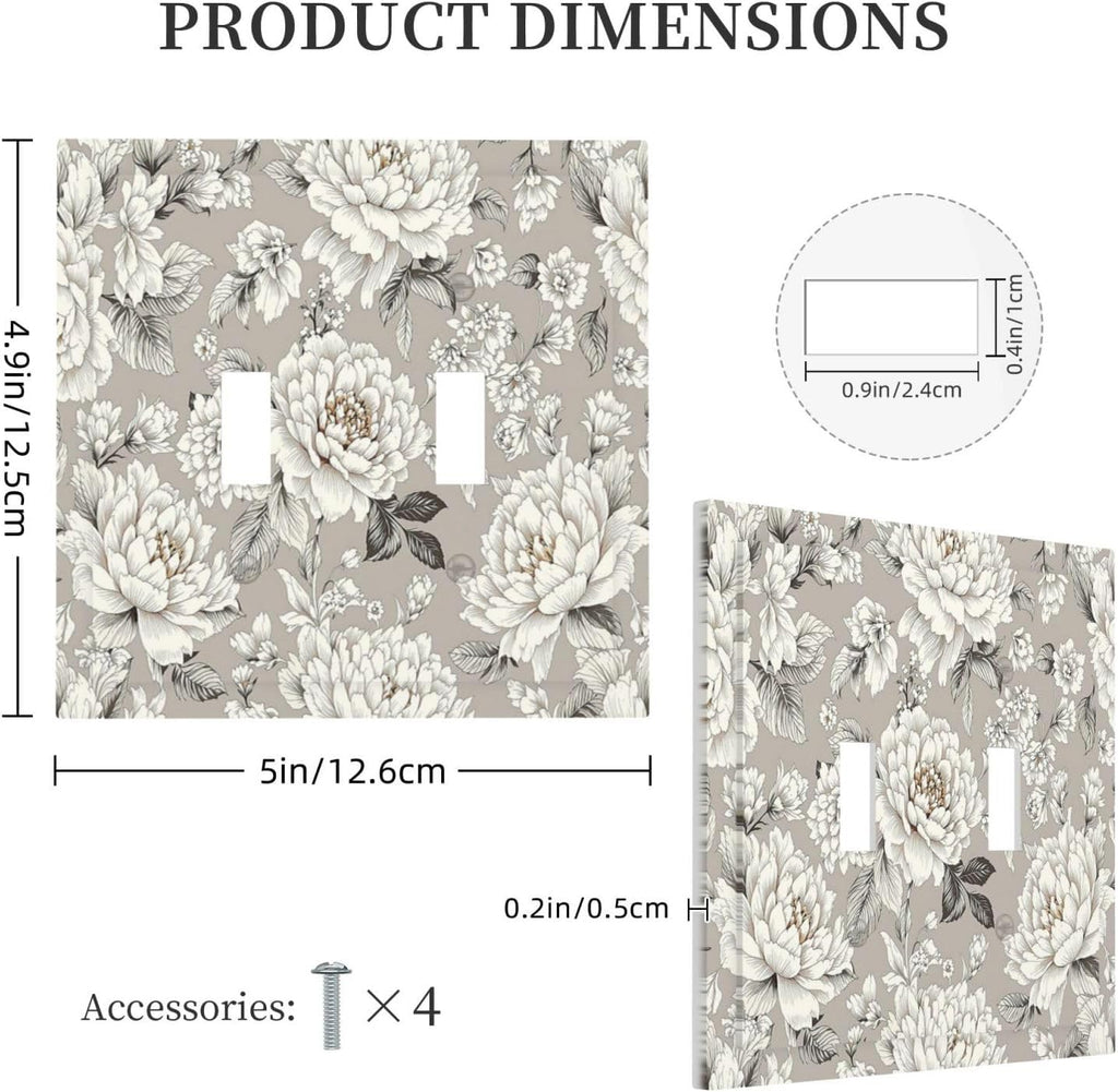 White Poppies Floral Modern Grey Peonies Flowers Decorative Switch Plates 2 Gang Double Toggle Outlet Light Switch Cover Wall Plate Electrical Faceplate for Bedroom Bathroom Decor