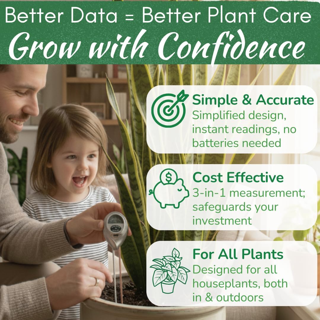 Houseplant Health Meter – 3-in-1 Tool to Prevent Overwatering, Root Rot & Leaf Burn | Test Soil Moisture, Sunlight & pH | Simple, Easy, Battery-Free | Suitable for Indoor, Outdoor & Potted Plants