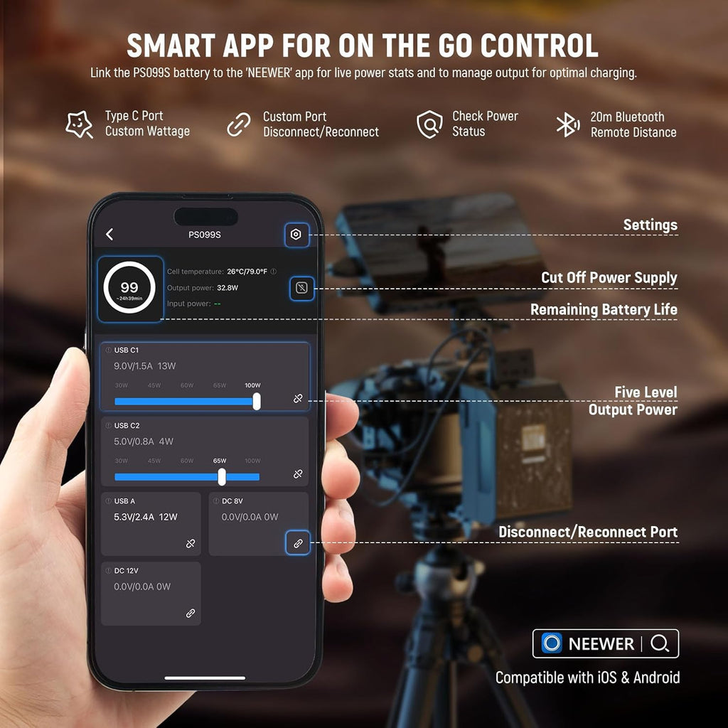 NEEWER Smart Mini V Mount Battery NEEWER APP Control, 6800mAh 99Wh 14.5V with 100W PD Fast Charging, OLED, Dual USB C/D Tap/BP/USB A/Dual DC Ports, Compatible with BMPCC 4k 6k Camcorder Camera, PS099S