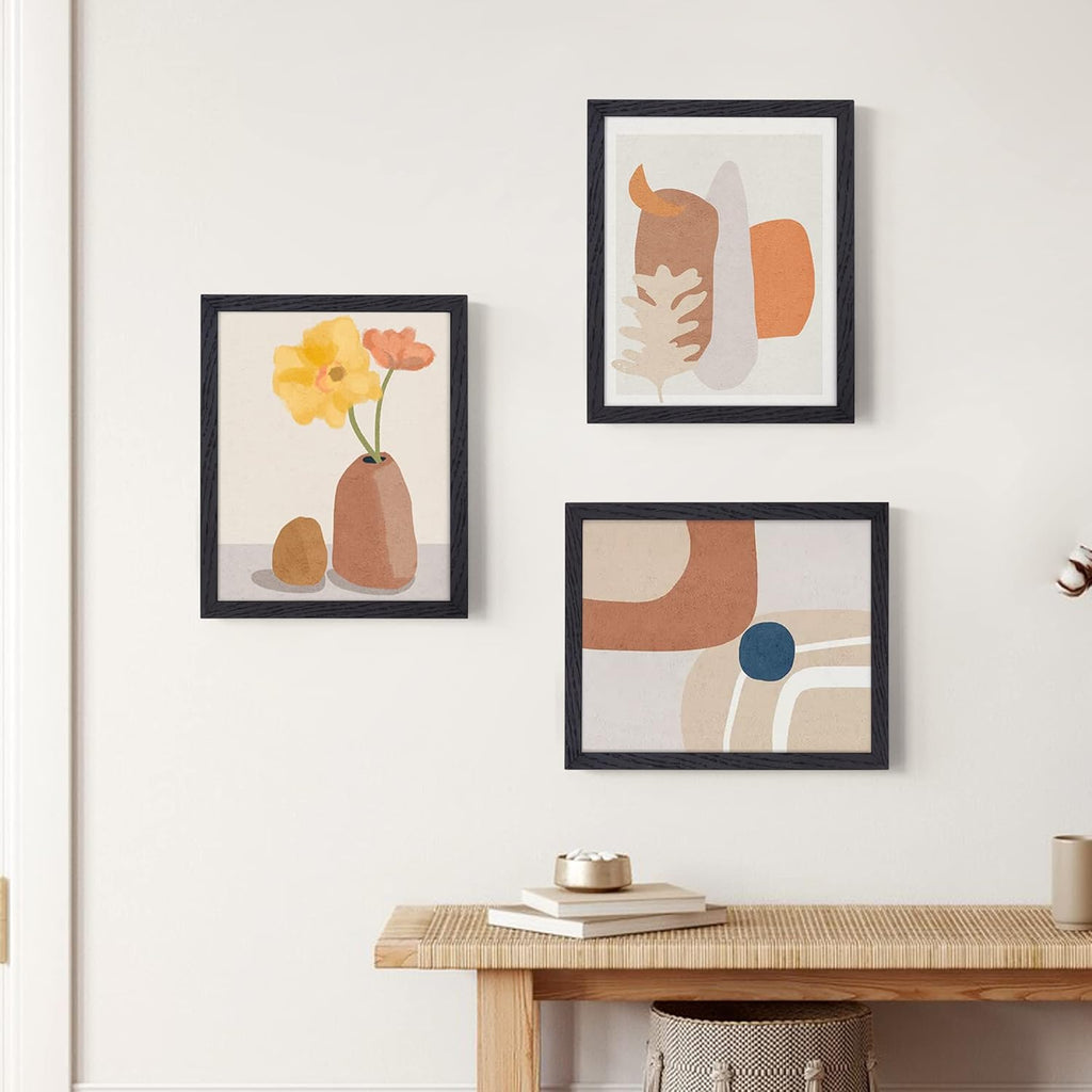 8x10 Picture Frame Black Set of 3, Solid Oak Wood Photo Frames 8 x 10 for Wall, Real Glass 8"x10" Frame with Stand, 8 by 10 Black Wood Frame, 8x10 Matted Frame for 5x7