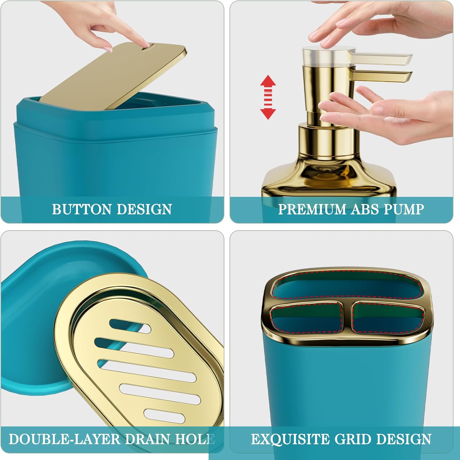 Bathroom Accessories Set - 25PC Bathroom Set with Shower Curtain and Rugs, Teal Blue Bathroom Set, Bathroom Accessory Set with Press-on Lid Trash Can, Soap Dispenser and Qtip Holders