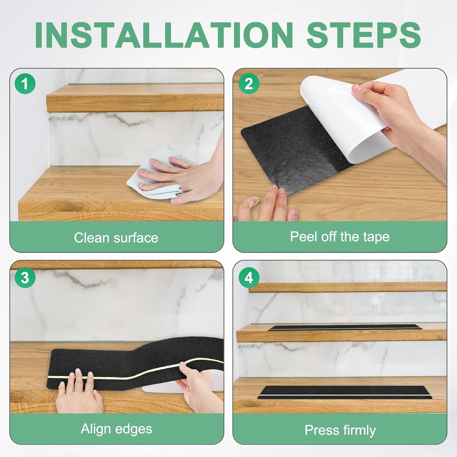 5-Pack Anti Slip Traction Tape 24" x 6" Best Grip Tape Grit with 6mm/0.24" Glow in Dark Stripe High Traction Friction Abrasive Adhesive for Indoor/Outdoor Stairs[Black+Green]