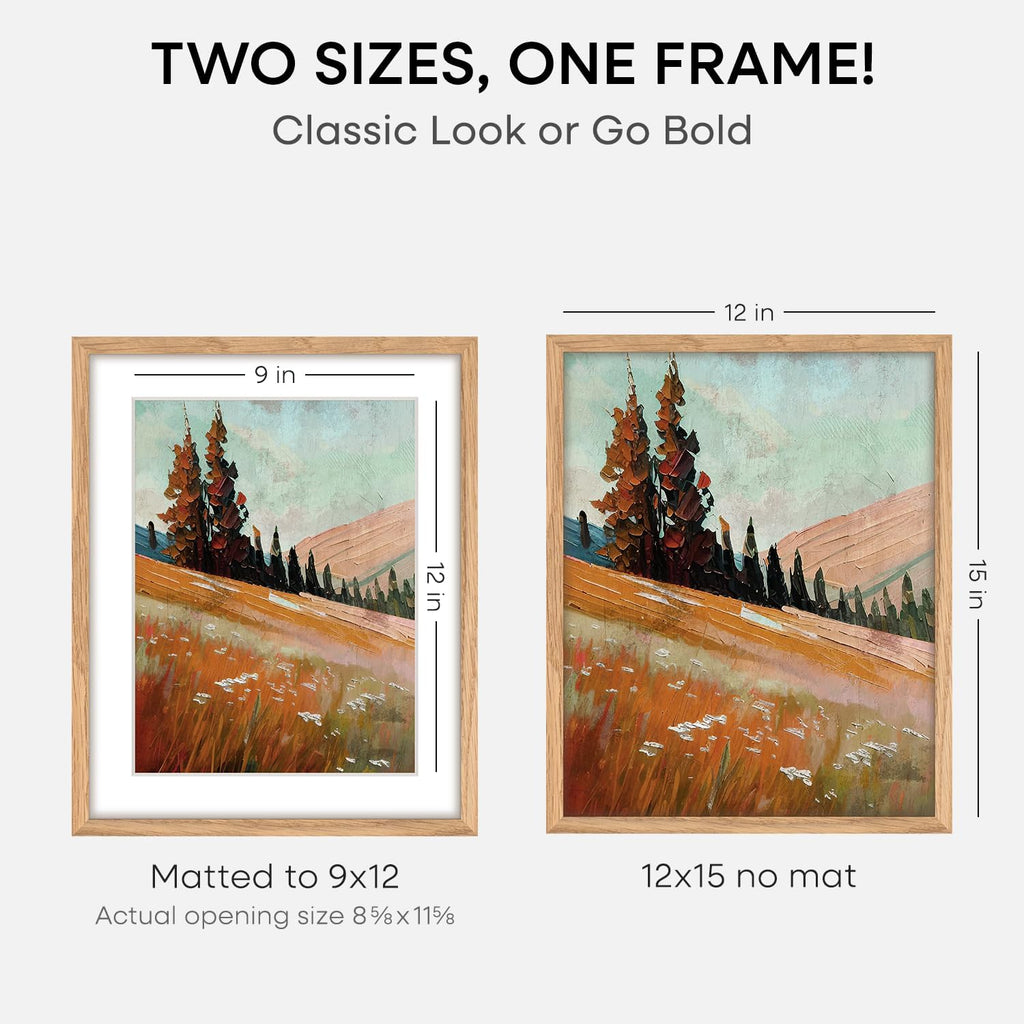 Homeforia 12x15 Wood Frame, High End Natural Oak 12x15 Light Wooden Picture Frame with Mat 9x12, 12 x 15 Poster Frames Matted to 9 by 12 Photo, 15x12 Hanging Frames, Tempered Glass, Wall Kit, Set of 1