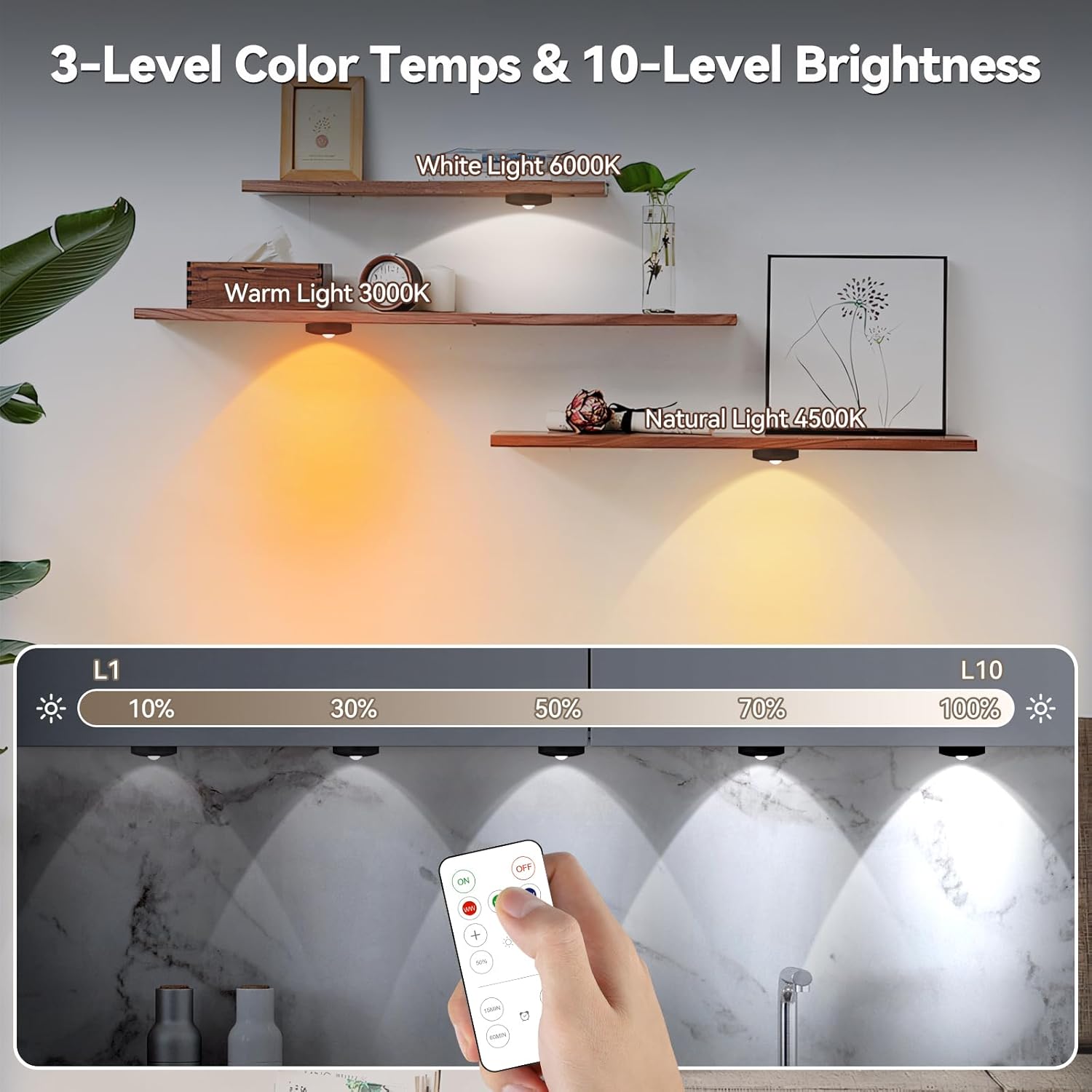Yiliaw Rechargeable Puck Lights with Remote, 12 Pack Magnetic Under Cabinet Lighting, 1500mAh Battery Operated LED Tap Lights with Dimmer & Timmer for Kitchen, Closet, Shelf - 3 Color Temps, Black