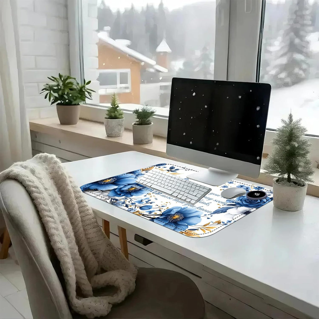Heated Mouse Pad with 3 Temperature Settings(104°F–122°F),Large 24x14.2 Inch PU Leather Heated Desk Mat,Waterproof Warming Pad for Office,Gaming & Cold Hands Relief,Bule Flower Quotes