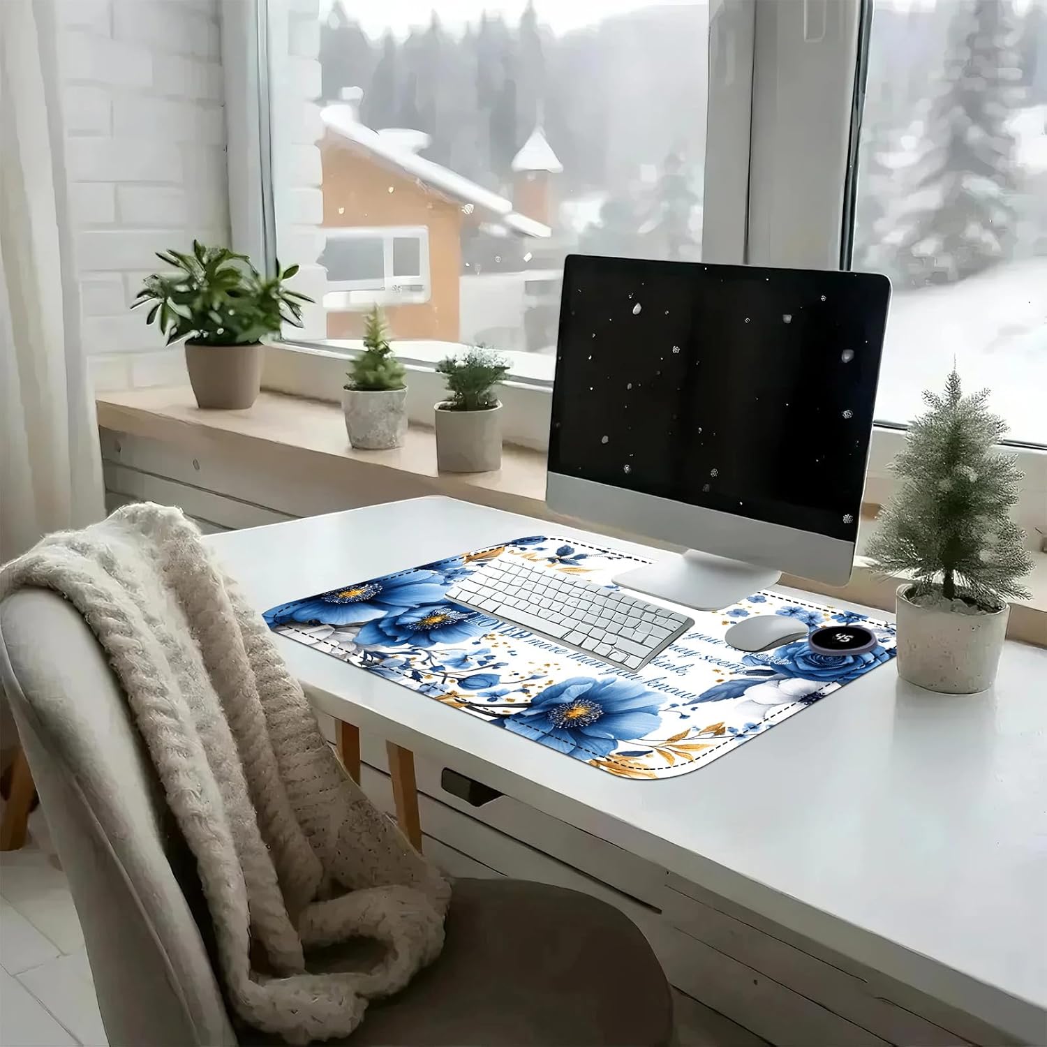 Heated Mouse Pad with 3 Temperature Settings(104°F–122°F),Large 24x14.2 Inch PU Leather Heated Desk Mat,Waterproof Warming Pad for Office,Gaming & Cold Hands Relief,Bule Flower Quotes