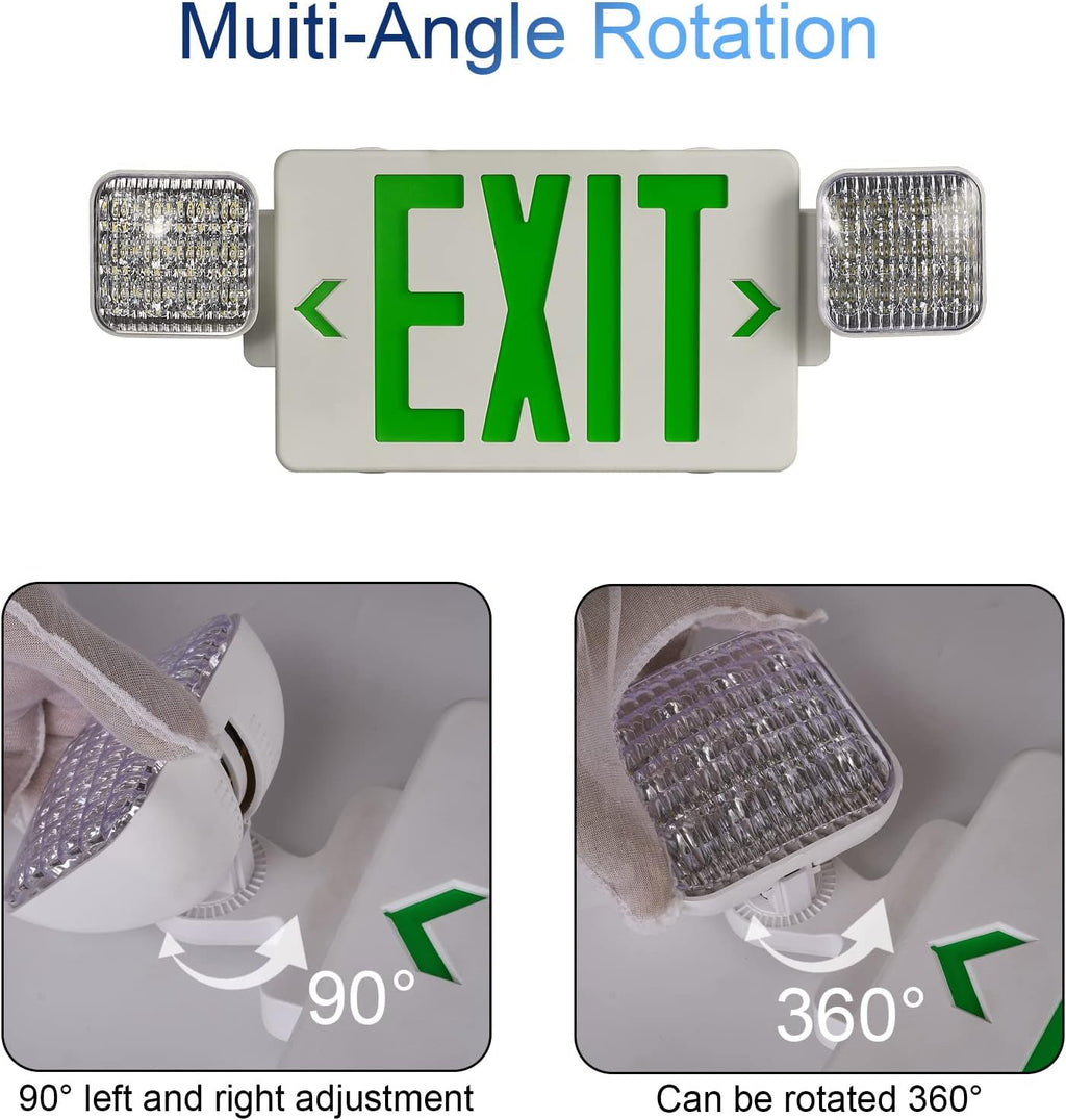 TANLUX Green Exit Sign with Emergency Lights, LED Exit Light - Battery Backup, UL Listed, AC 120/277V - Corded Commercial Emergency Light Combo