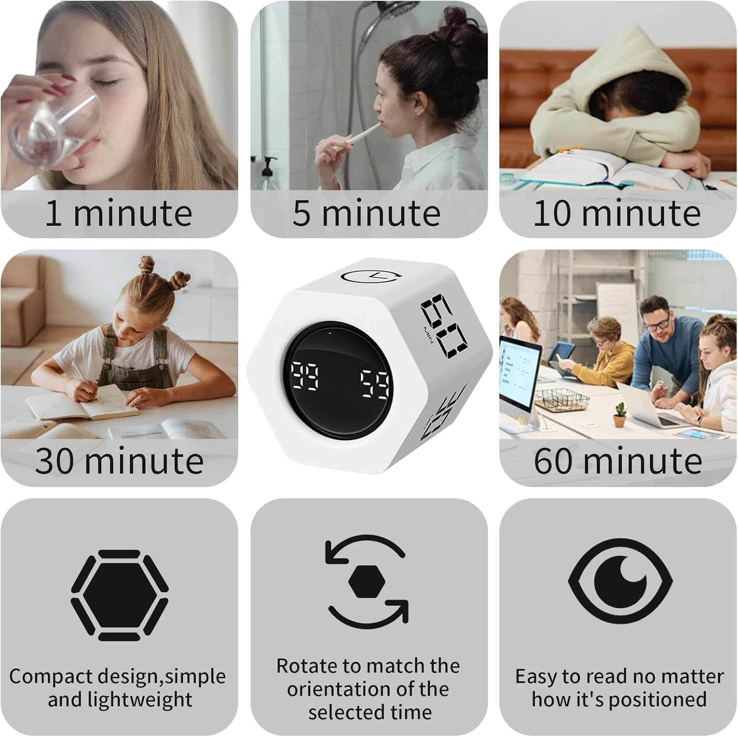 Productivity Timer Flip Gravity Sensor Pomodoro Cube Timer Countdown & Countup,1/5/10/30/60min Preset & Custom Timing, Mute/Vibrate/Sound for ADHD,Work,Study,Kitchen(1, White Hexagon)
