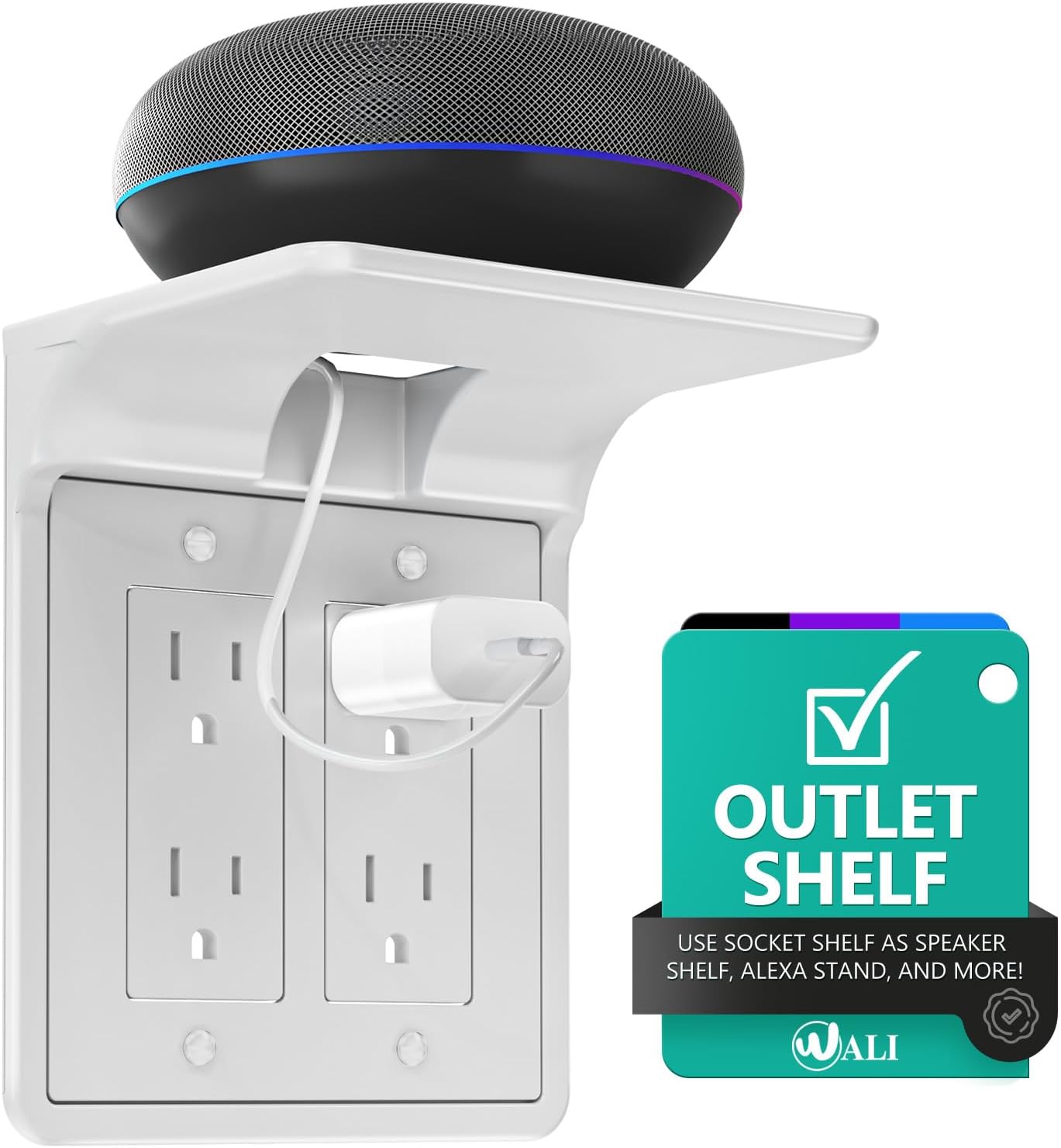 WALI Double Outlet Shelf Wall Holder – Bathroom Shelf Duplex for Electric Toothbrush, HomePod Mini, Echo Dot & Phone Charging – White (DLS001)