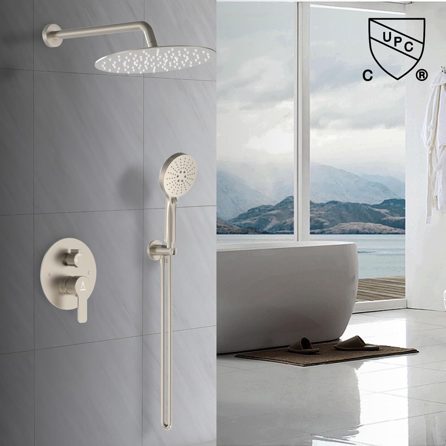 Shower Faucet Set 10IN Brass Rough-In Valve Body Trim Kit Rainfall Included Handle Accessories Complete 2 Functions with Rain Head and Handheld Bathroom Systems (10'', Brushed Nickel)