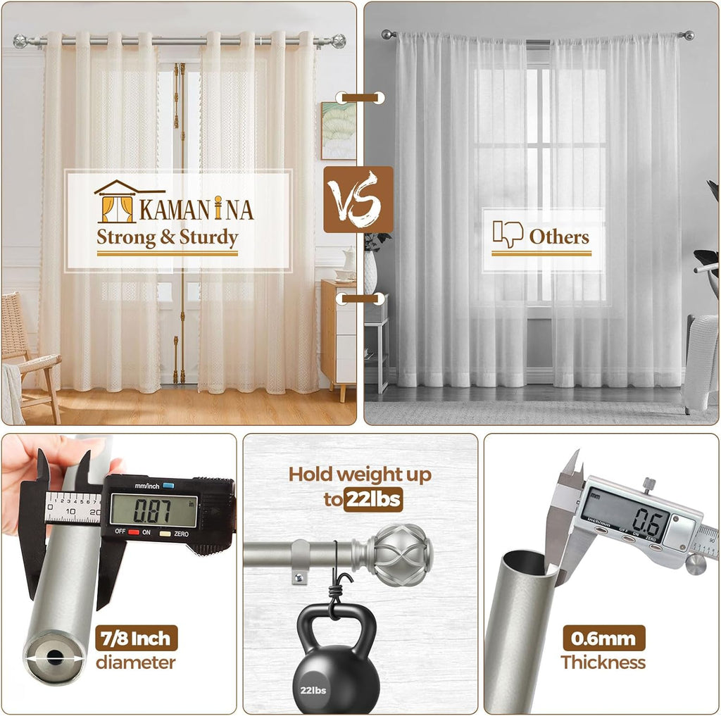 KAMANINA Curtain Rods for Windows 66 to 120 Inch, 7/8 Inch Antique Silver Heavy Duty Window Curtain Rod 32 to 120 (2.6-10ft), Adjustable Decorative Drapery Rods with Netted Texture End