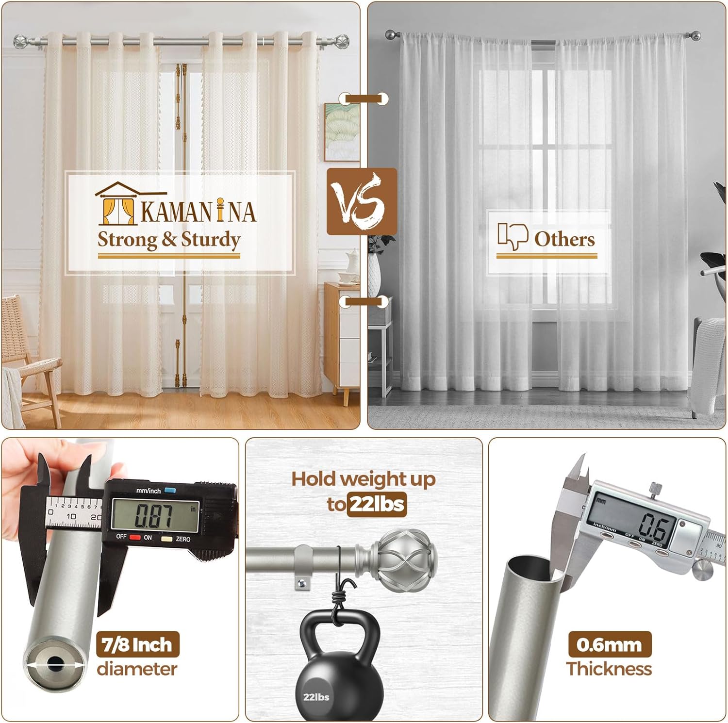 KAMANINA Curtain Rods for Windows 66 to 120 Inch, 7/8 Inch Antique Silver Heavy Duty Window Curtain Rod 32 to 120 (2.6-10ft), Adjustable Decorative Drapery Rods with Netted Texture End