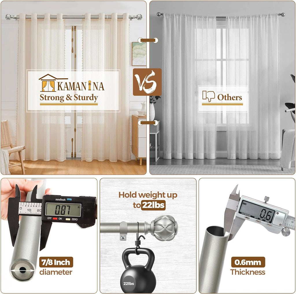 KAMANINA Curtain Rods for Windows, Antique Silver Curtain Rod 32 to 58 Inch(2.6-4.8Ft), 7/8 Inch Single Adjustable Drapery Rods with Decorative Netted Texture End