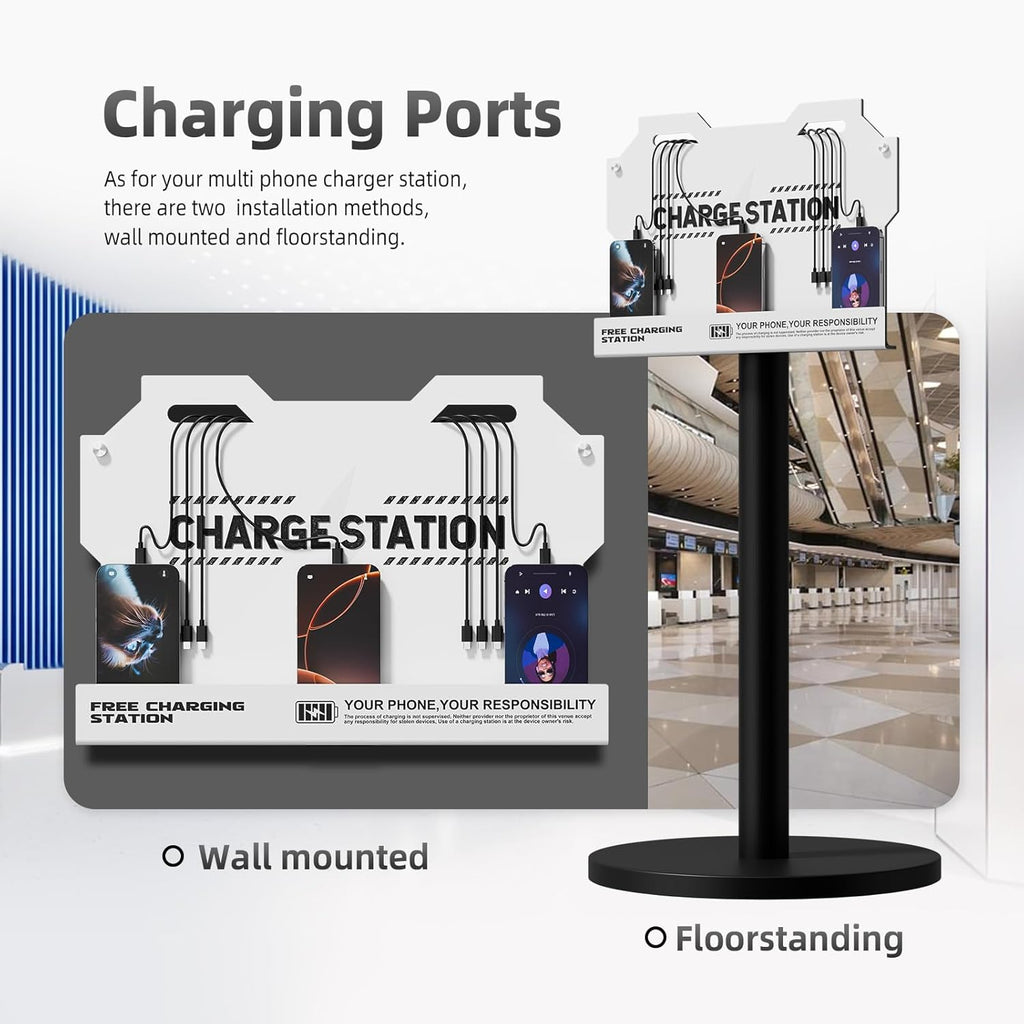 Mechanical Type Wall Mounted Charging Station with 8 PortHigh Speed Cables - Universal Dock for Apple, Type-C & Android Devices, Perfect for Airports, Hotels, Offices, School (White)