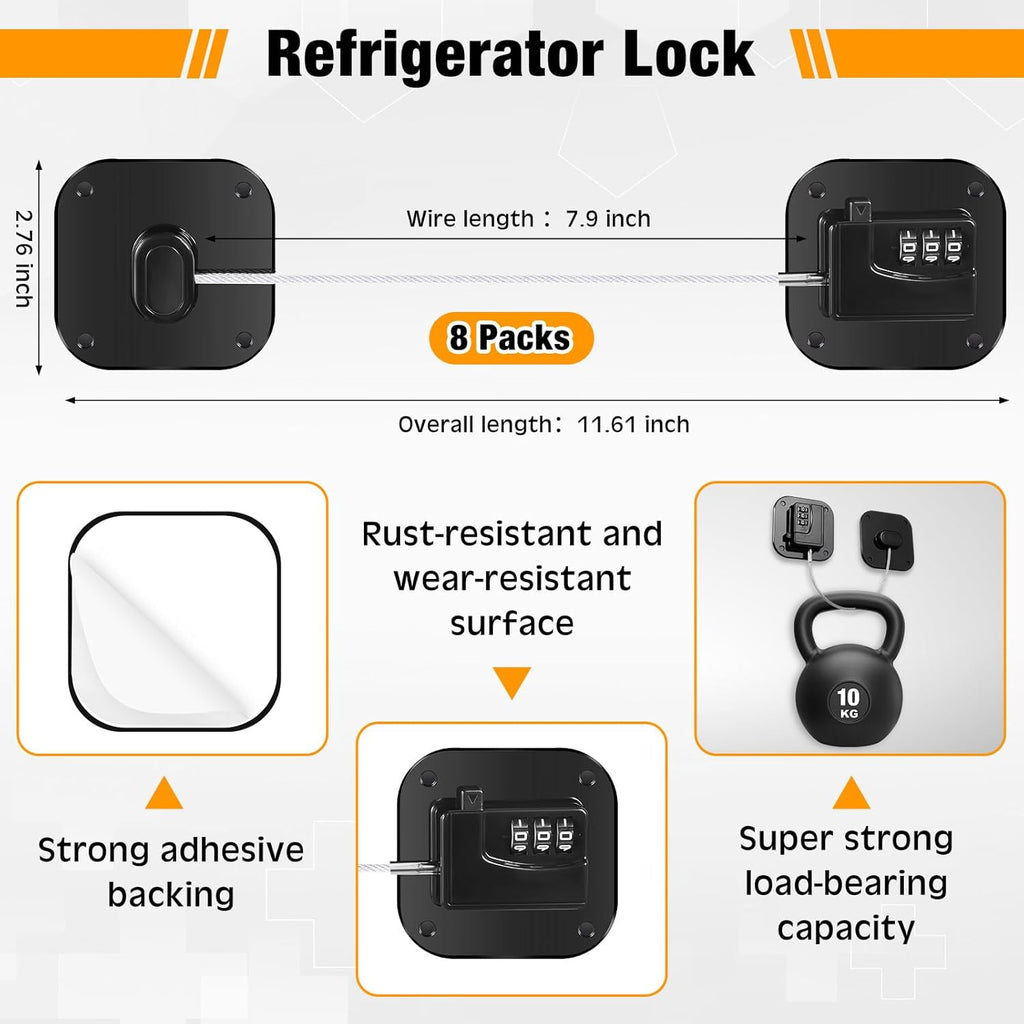 8 Pack Fridge Lock Heavy Duty Locks for Fridge Freezer Lock for Child Safety Cabinet Coded Adhesive Combination Refrigerator for Drawers Cabinet Window Easy Install No Drilling Black(Black)