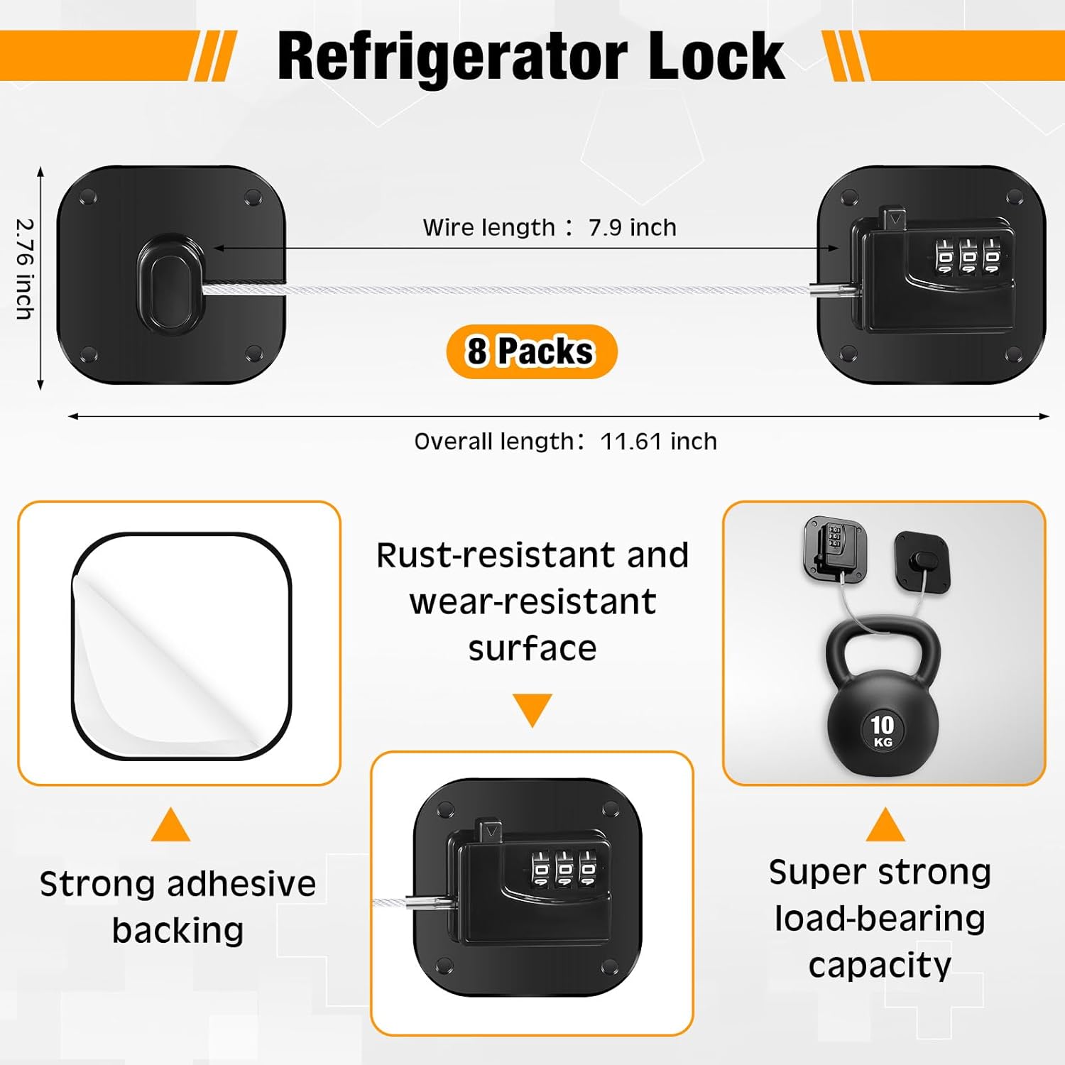 8 Pack Fridge Lock Heavy Duty Locks for Fridge Freezer Lock for Child Safety Cabinet Coded Adhesive Combination Refrigerator for Drawers Cabinet Window Easy Install No Drilling Black(Black)