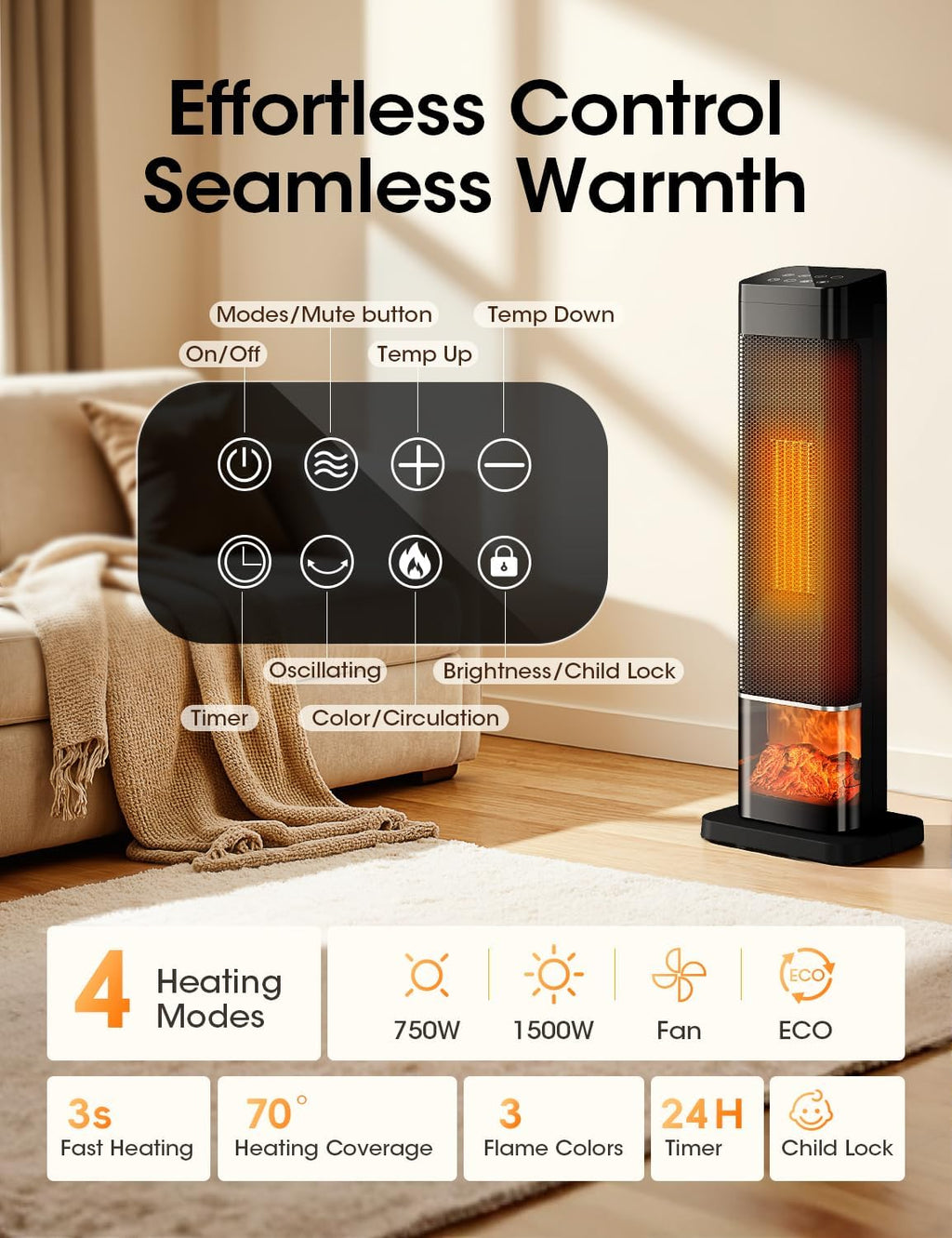Manastin Space Heaters for Indoor Use, Electric Heaters with Remote, Adjustable Thermostat, 120° Oscillation, 24H Timer, Child Lock & Safety Protection, Portable Heater for Large Room, Office, Garage