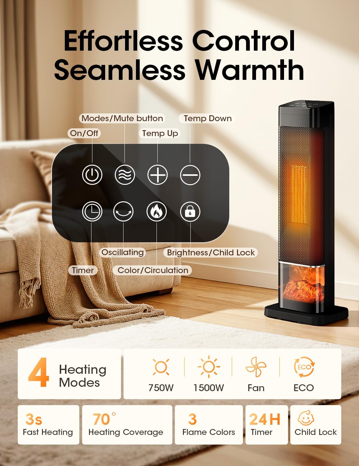Manastin Space Heaters for Indoor Use, Electric Heaters with Remote, Adjustable Thermostat, 120° Oscillation, 24H Timer, Child Lock & Safety Protection, Portable Heater for Large Room, Office, Garage